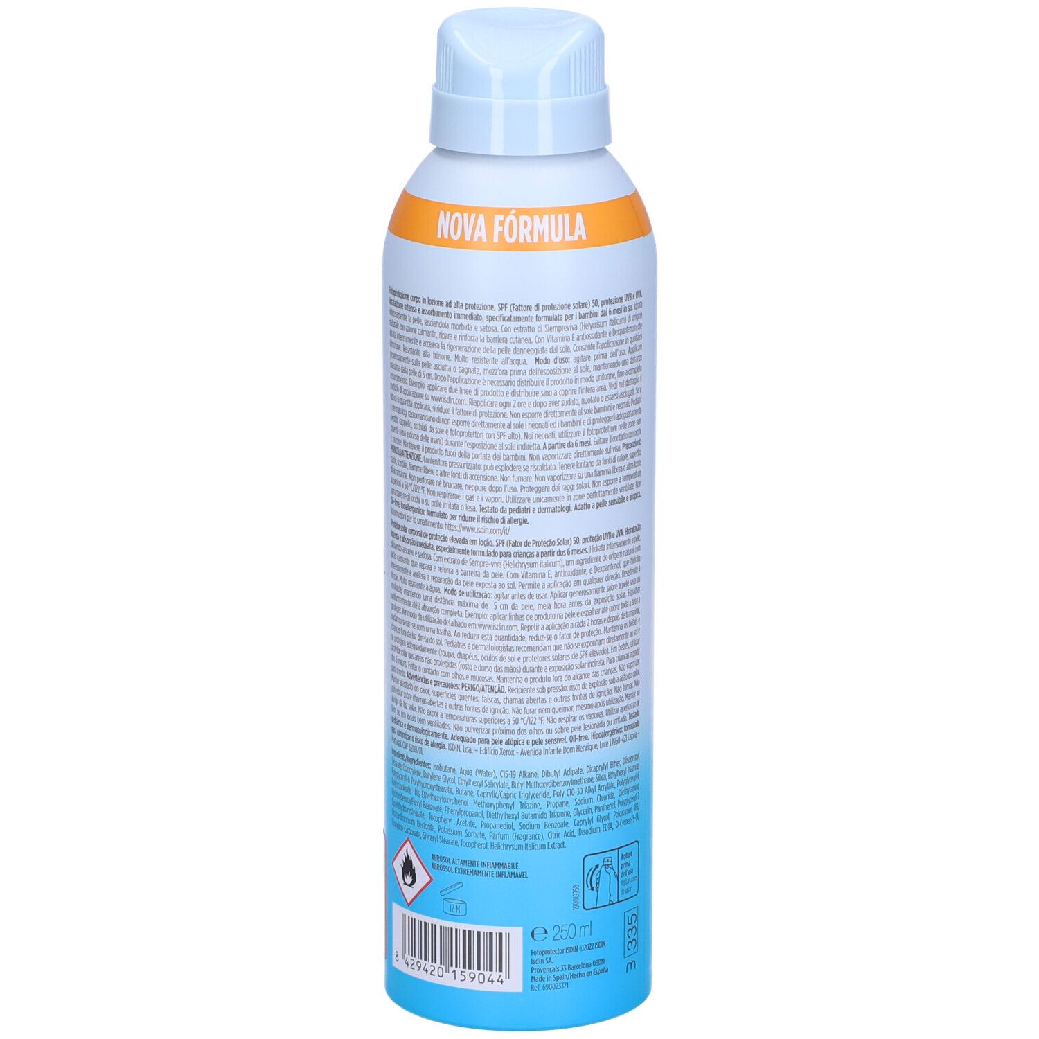 Flacone spray solare. Retro con testo. Confezione blu, bianca e arancione. Informazioni sul prodotto e avvertenze.