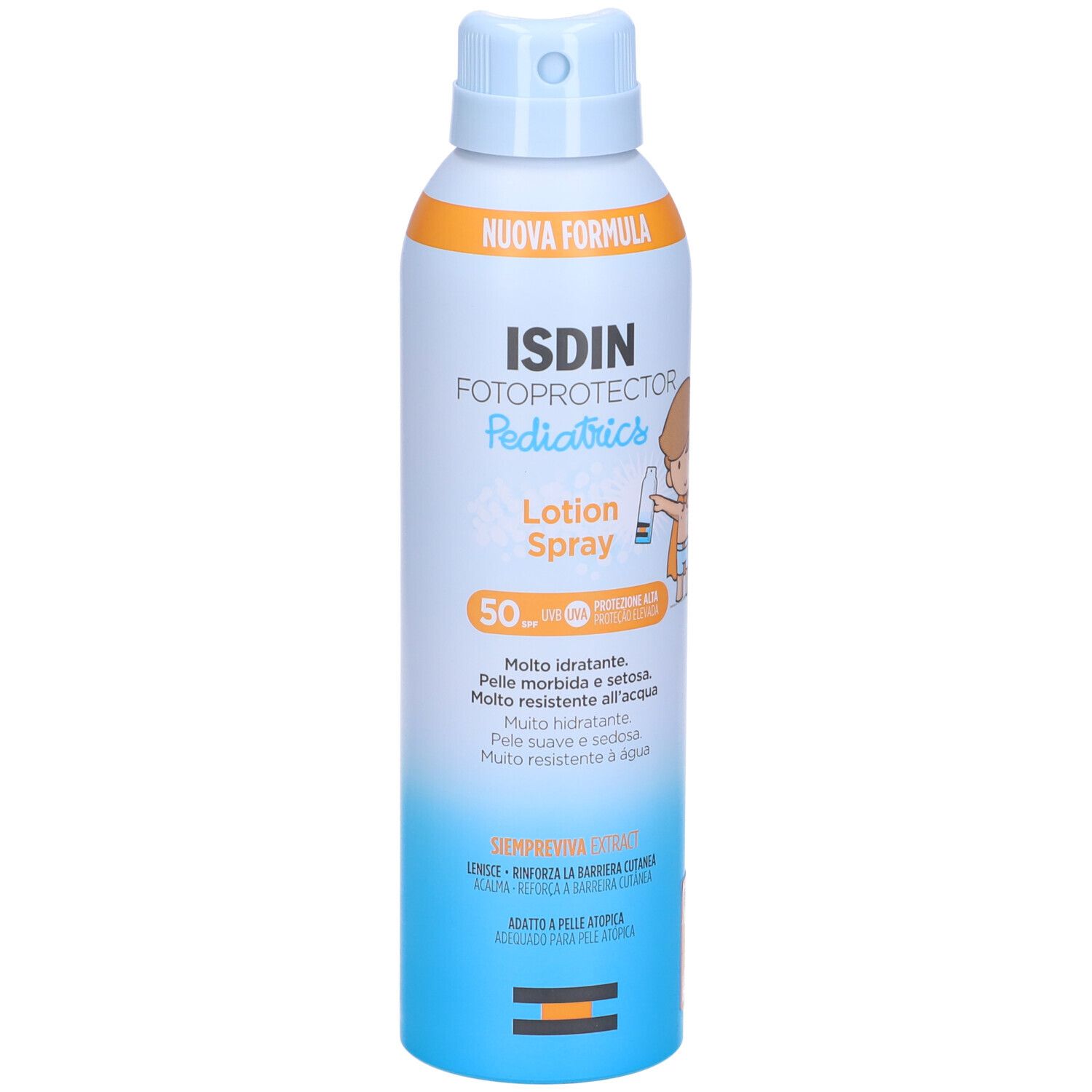 Flacone spray solare. ISDIN Fotoprotector Pediatrics SPF50. Confezione blu, bianca e arancione. Nome e dettagli del prodotto.