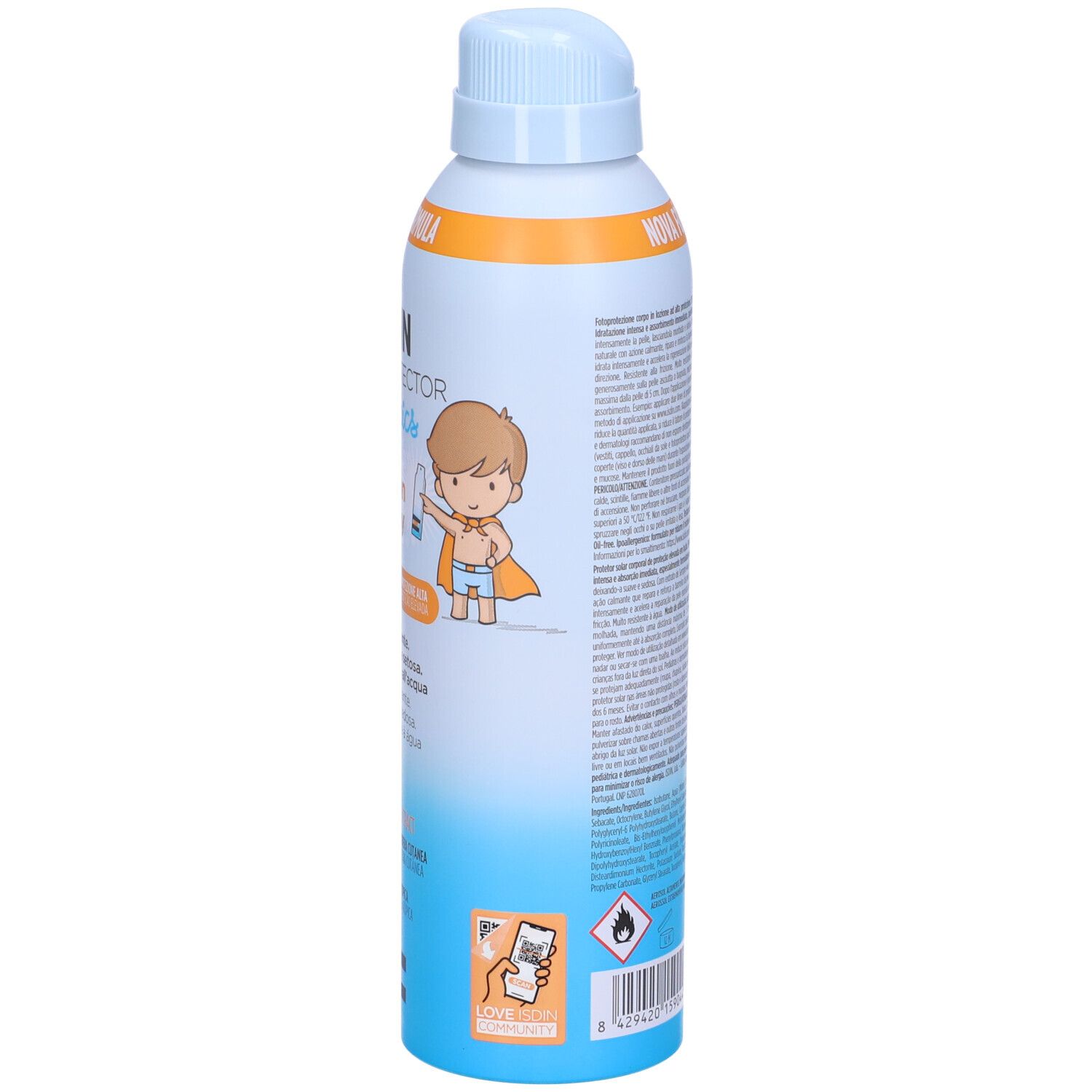 Flacone spray solare. ISDIN Fotoprotector Pediatrics. Confezione blu, bianca e arancione. Illustrazione di un bambino.