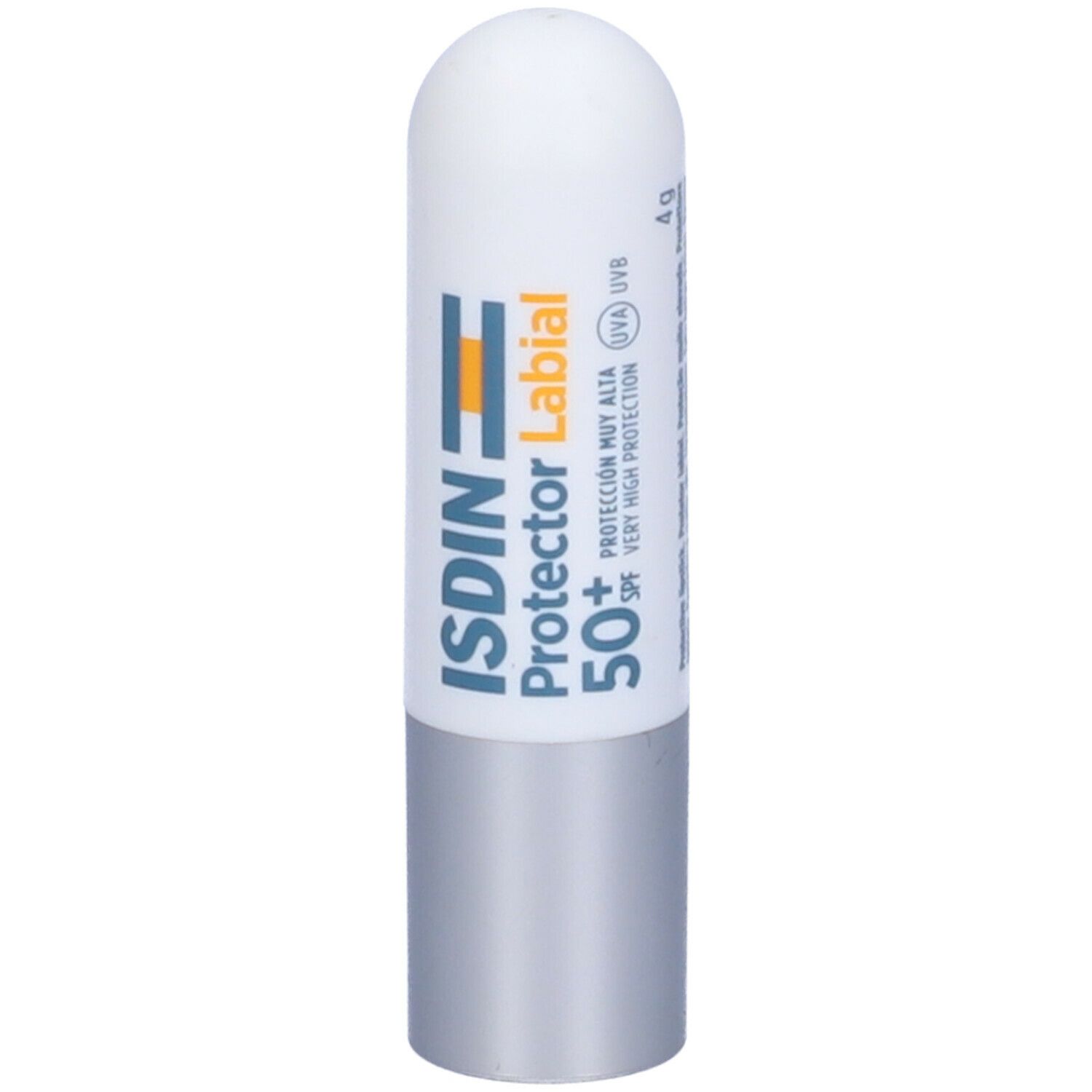 Stick labiale bianco e argento. Scritta: ISDIN Protector Labial 50+ SPF. 4g. Protezione molto alta.