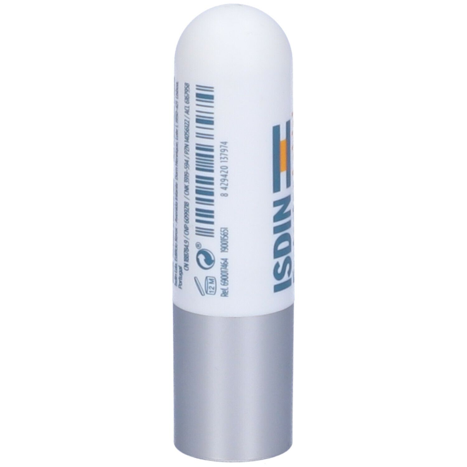 Stick labiale bianco e argento. Retro con testo e codice a barre. 4g.