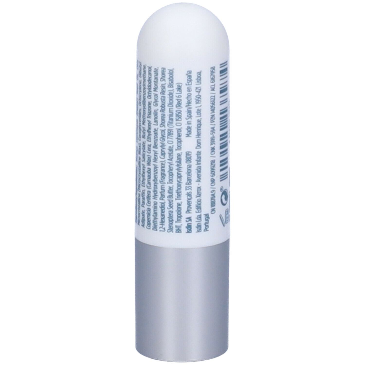 Stick labiale bianco e argento. Retro con ingredienti e testo. 4g.