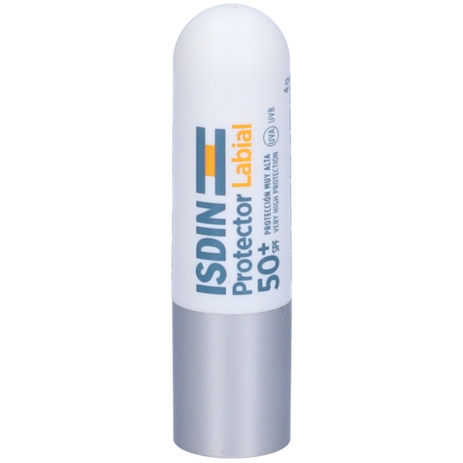 Stick labiale bianco e argento. Scritta: ISDIN Protector Labial 50+ SPF. 4g. Protezione molto alta.