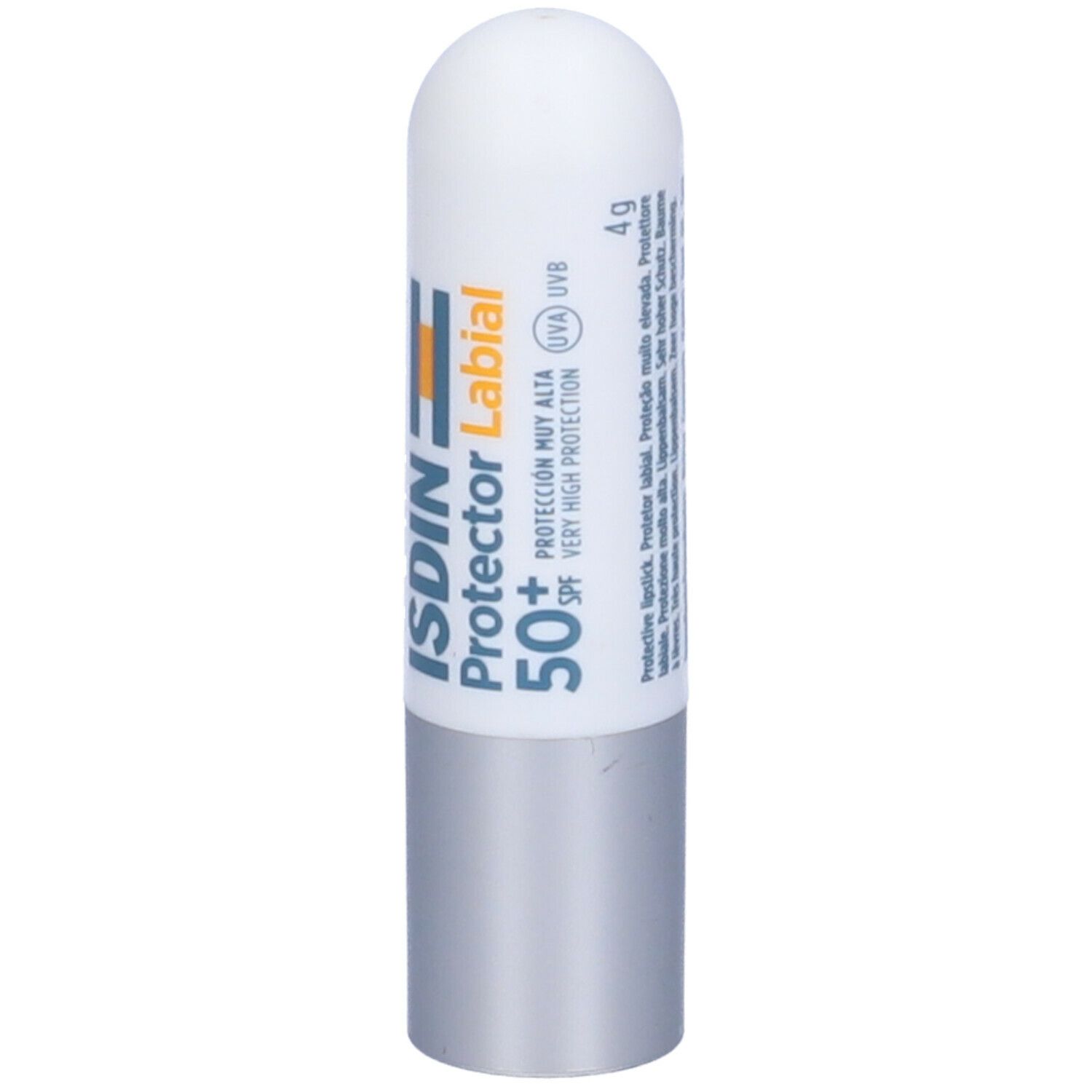 Stick labiale bianco e argento. Scritta: ISDIN Protector Labial 50+ SPF. 4g. Protezione molto alta.