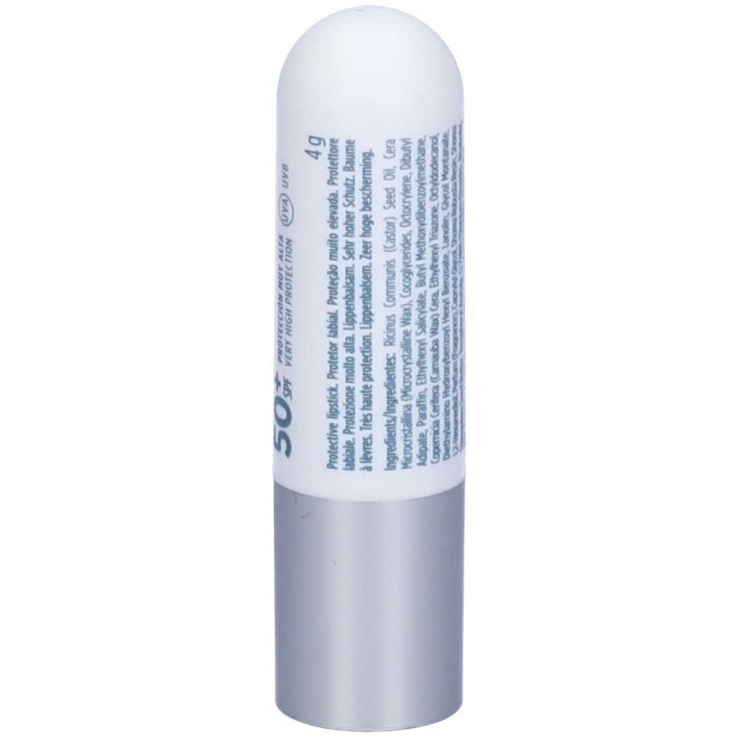 Stick labiale bianco e argento. Retro con testo e ingredienti. 4g.