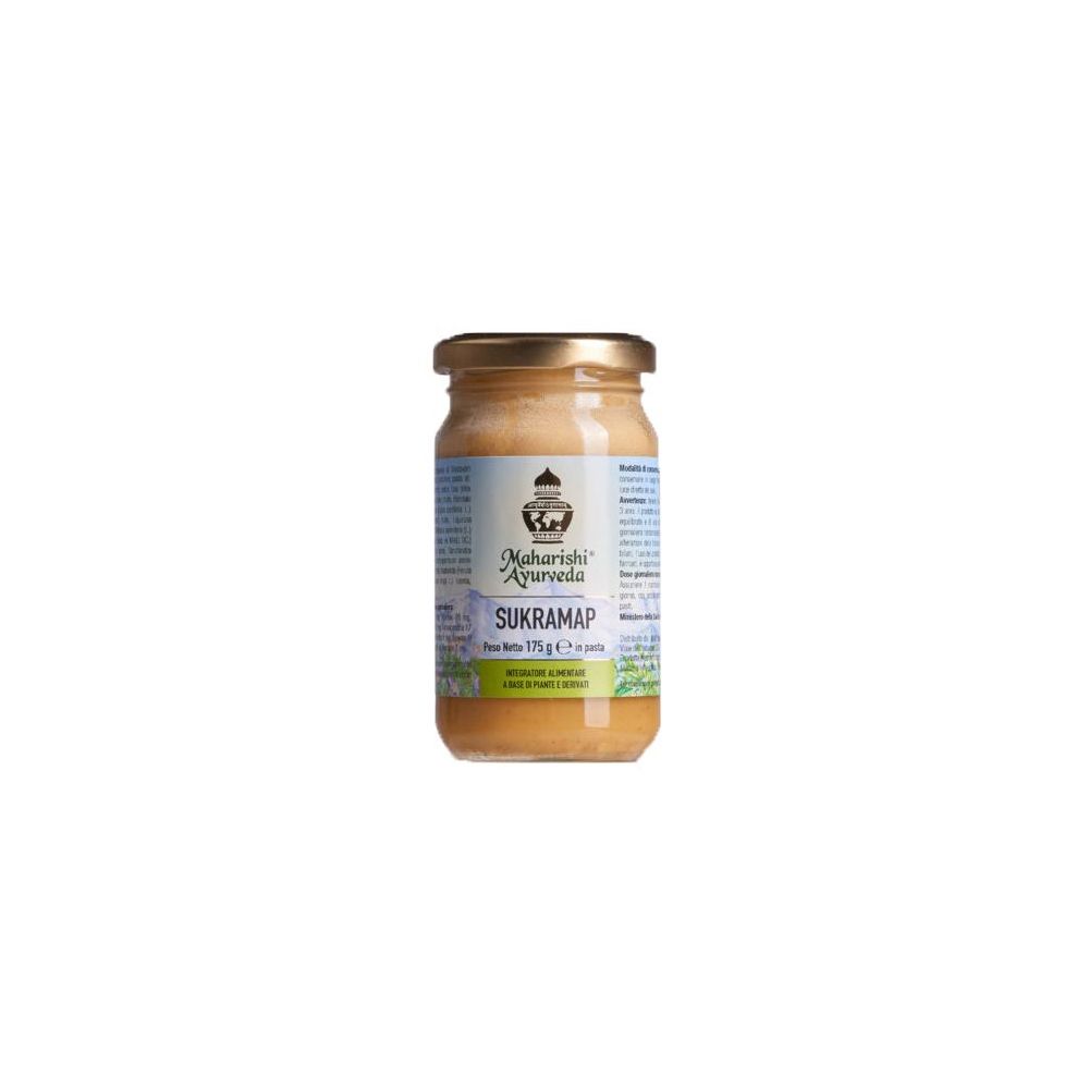 Vasetto di Sukramap Pasta. Scritta: Maharishi Ayurveda, Sukramap, 175 g. Coperchio dorato.