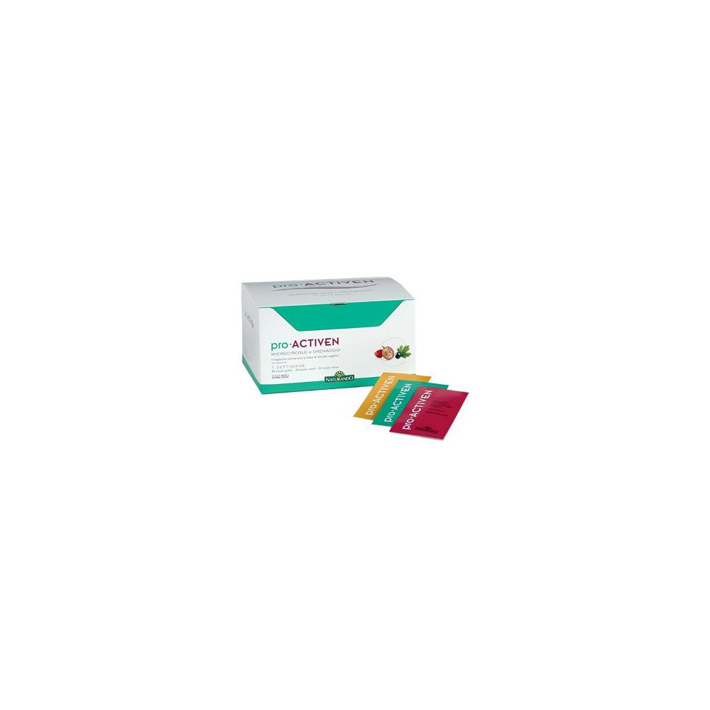 Scatola di bustine Proactiven. Tre bustine accanto. Scritto: Proactiven, logo.