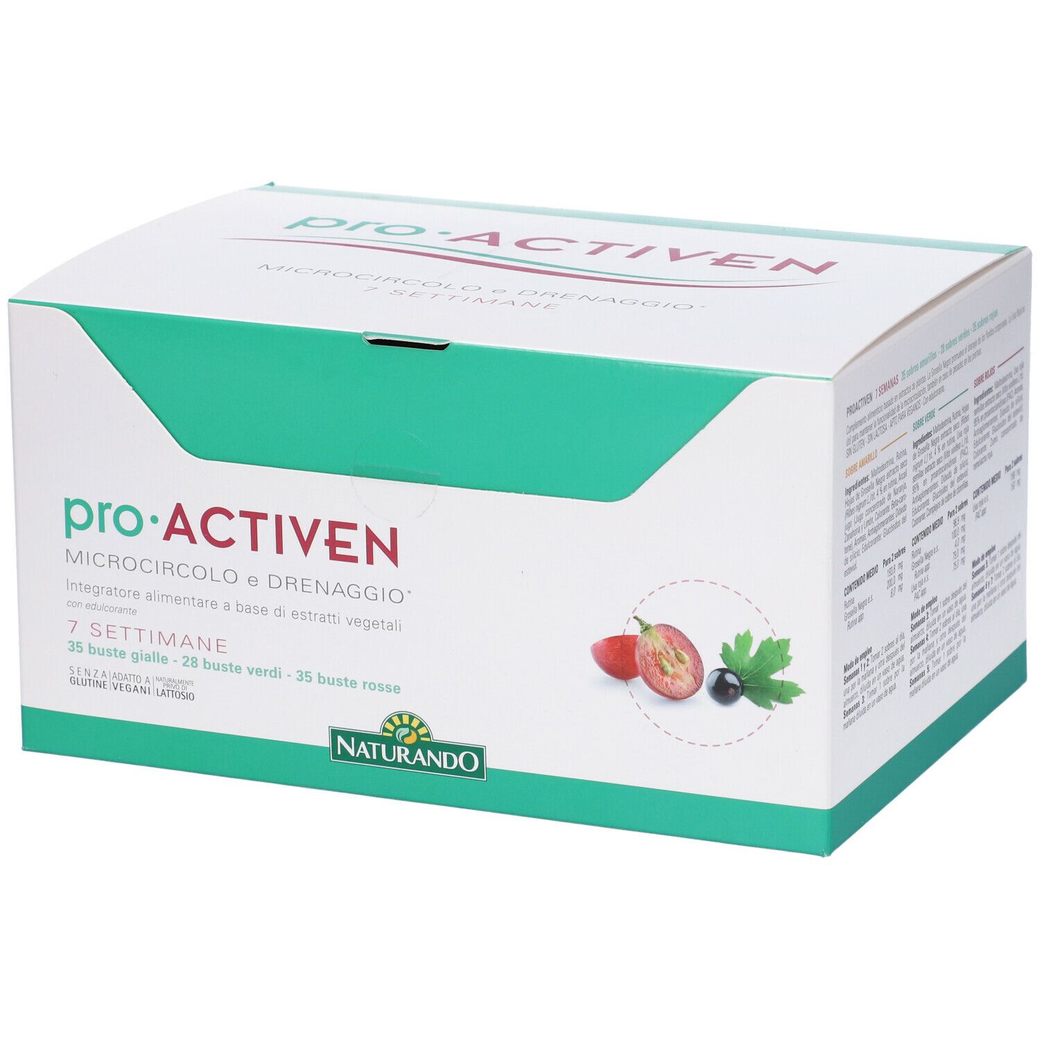 Scatola Proactiven con scritte verdi e rosse. Scritto: 7 Settimane, logo Naturando.