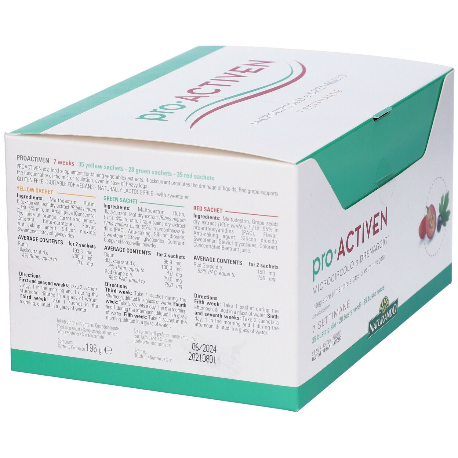 Scatola Proactiven con scritte verdi e rosse. Scritto: 7 settimane, logo Naturando.