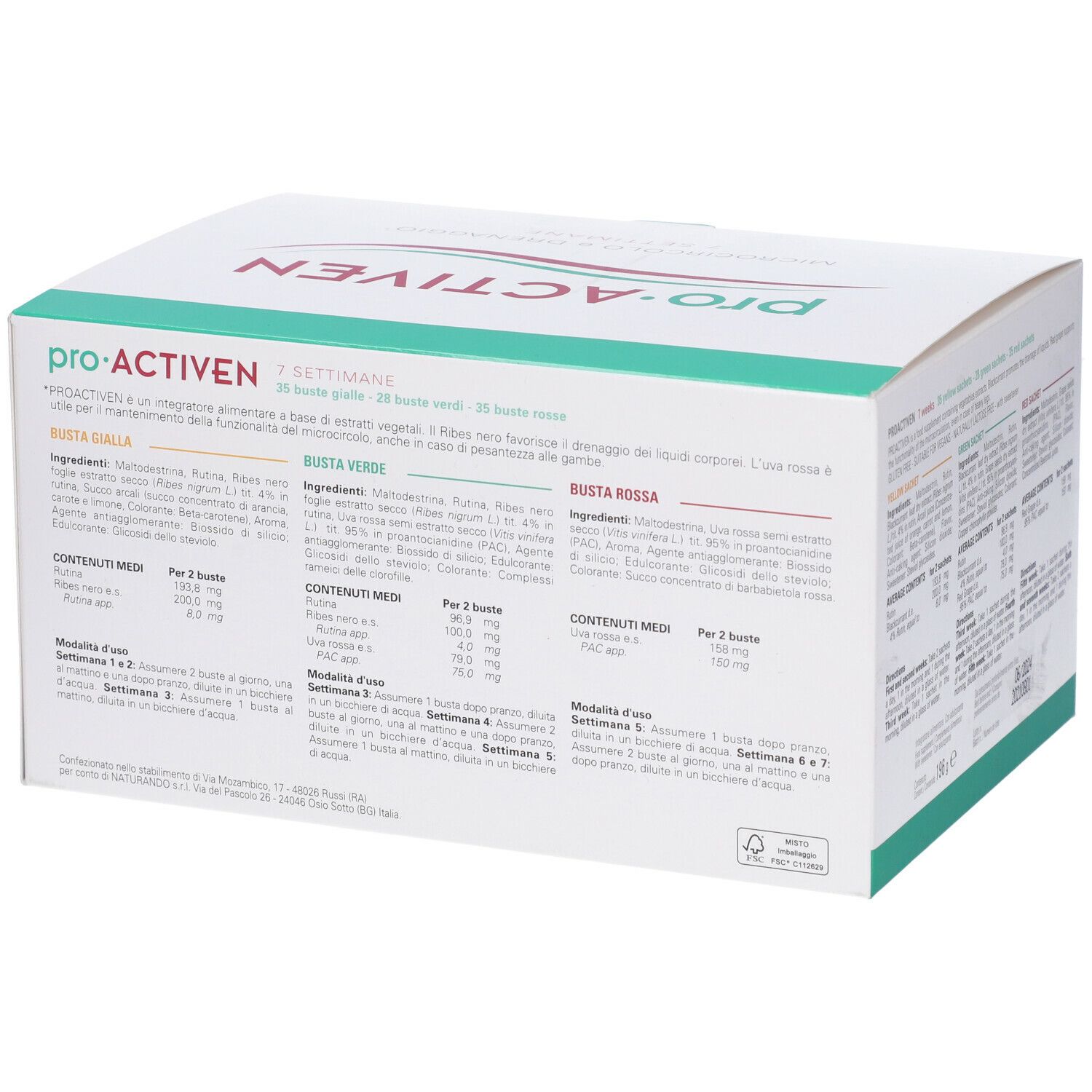 Scatola Proactiven con scritte verdi e rosse. Scritto: 7 Settimane, logo Naturando.