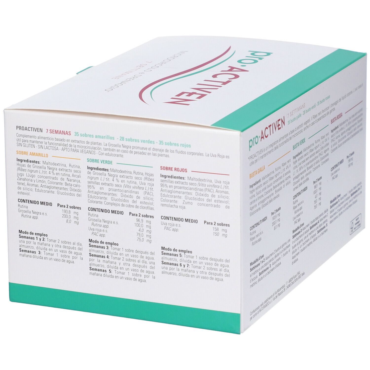 Scatola Proactiven con scritte verdi e rosse. Scritto: 7 settimane, logo Naturando.