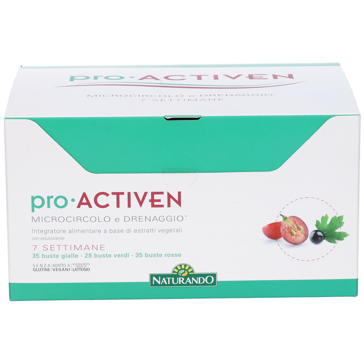 Scatola Proactiven con scritte verdi e rosse. Scritto: 7 Settimane, logo Naturando.