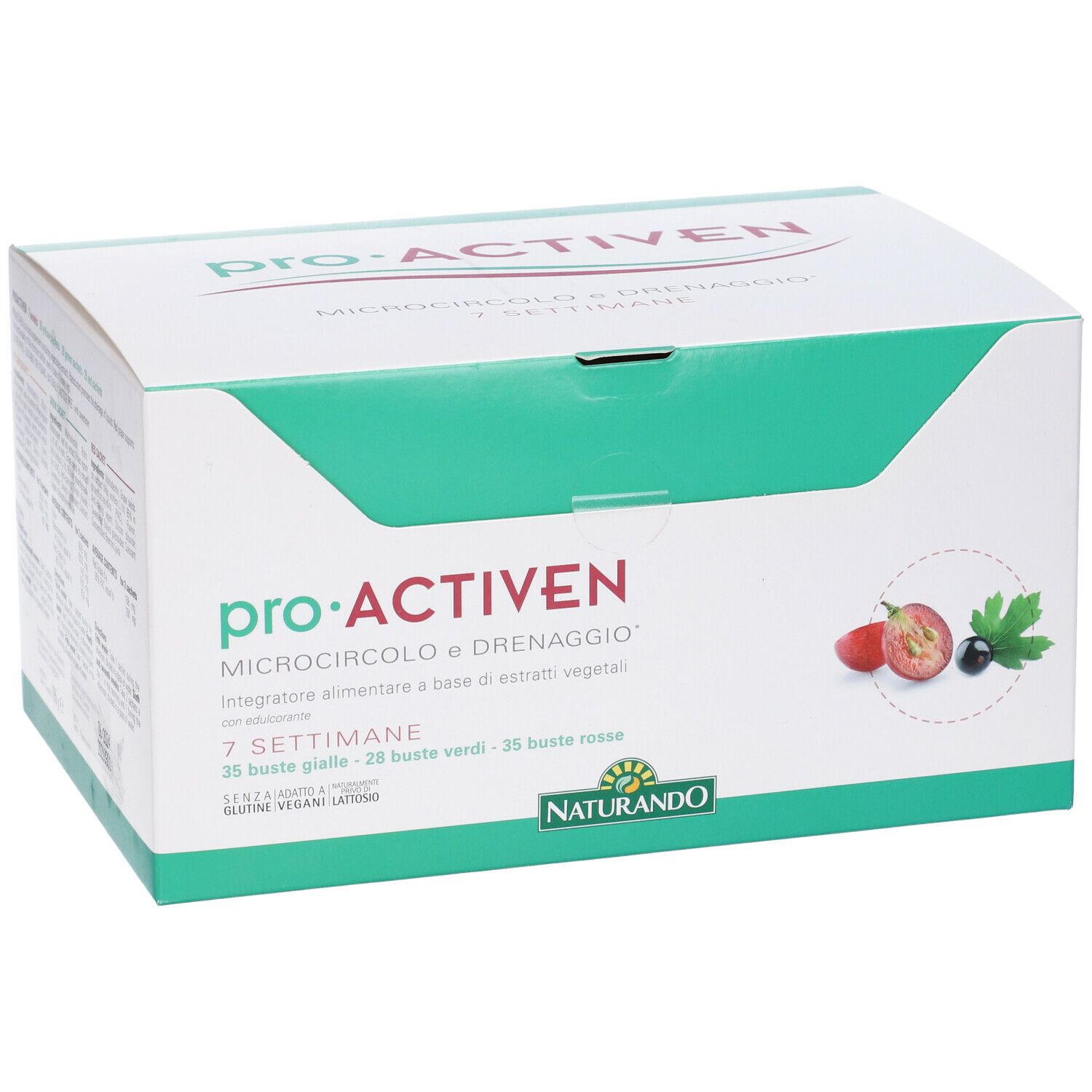 Scatola Proactiven con scritte verdi e rosse. Scritto: 7 Settimane, logo Naturando.