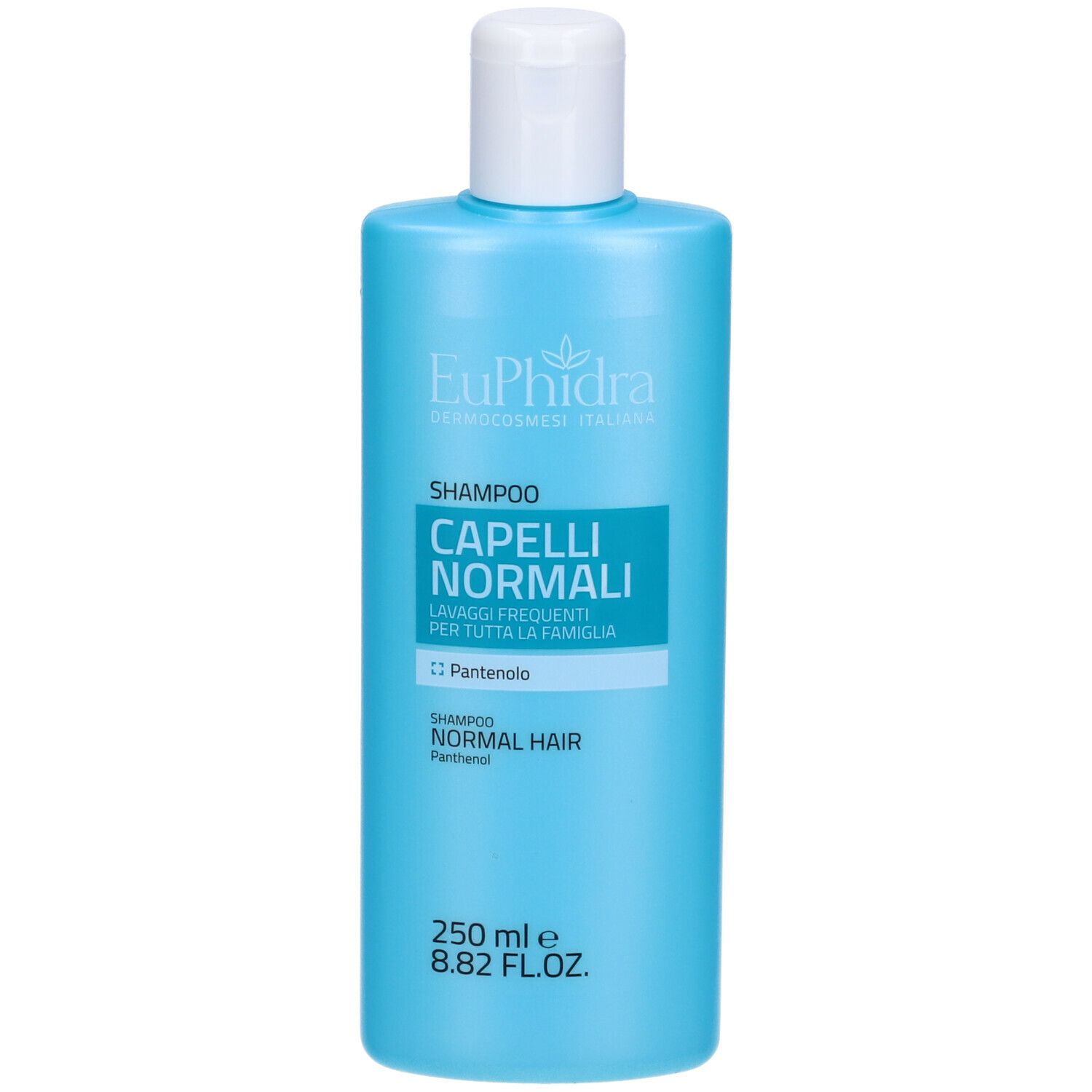 Flacone di shampoo blu chiaro con tappo bianco. Scritta: Euphidra, Shampoo Capelli Normali, Panthenol. 250 ml.