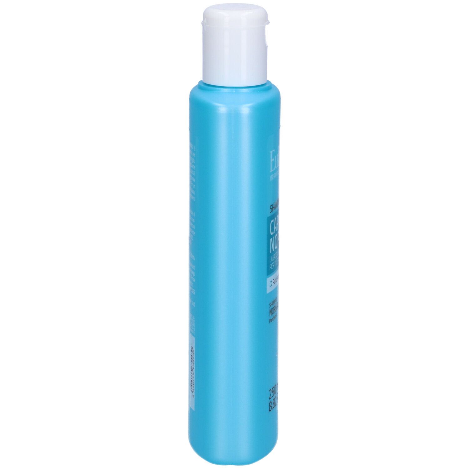 Flacone di shampoo blu chiaro con tappo bianco. Vista laterale con testo. Nome del prodotto illeggibile.