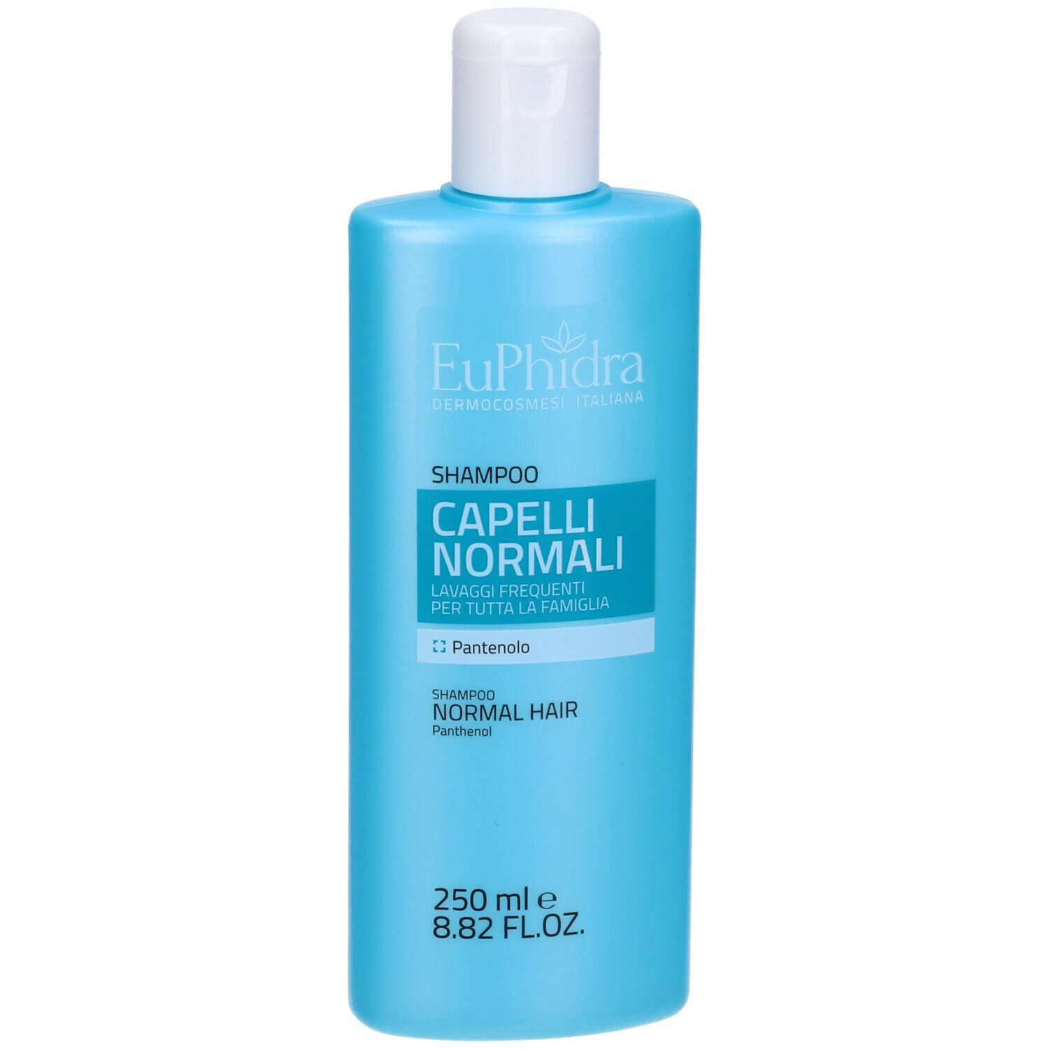Flacone di shampoo blu chiaro con tappo bianco. Scritta: Euphidra, Shampoo Capelli Normali, Panthenol. 250 ml.