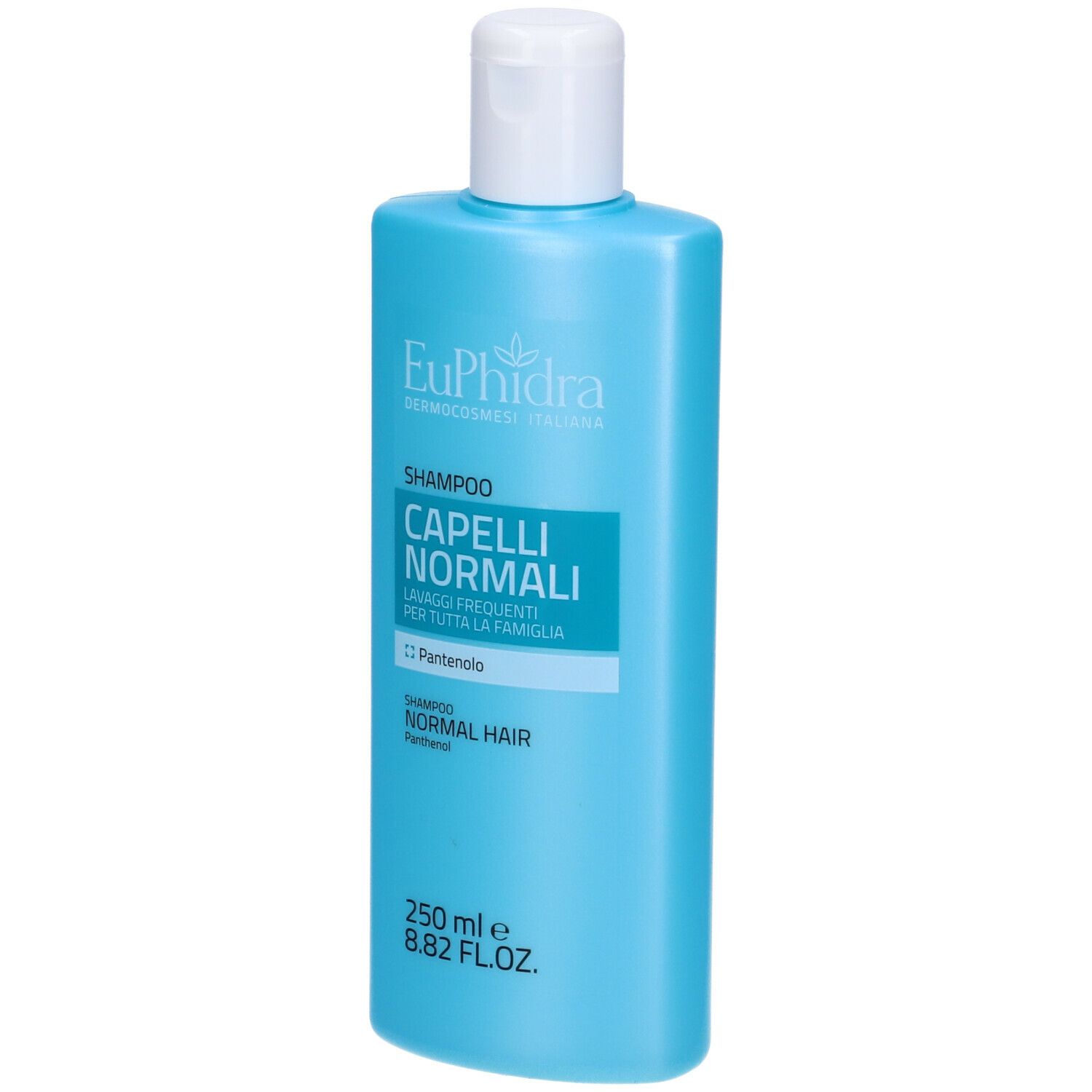 Flacone di shampoo blu chiaro con tappo bianco. Scritta: Euphidra, Shampoo Capelli Normali, Panthenol. 250 ml.
