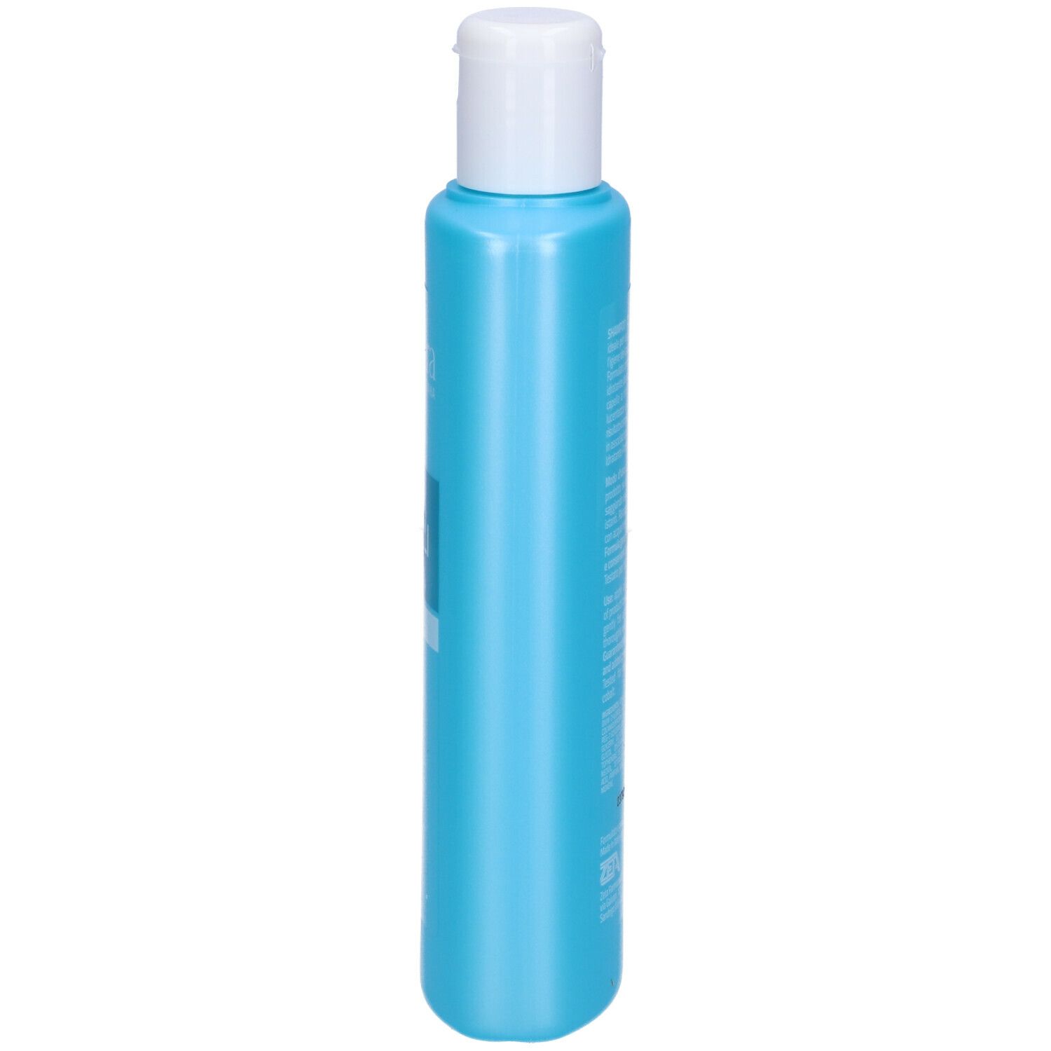 Flacone di shampoo blu chiaro con tappo bianco. Vista laterale con testo. Nome del prodotto illeggibile.