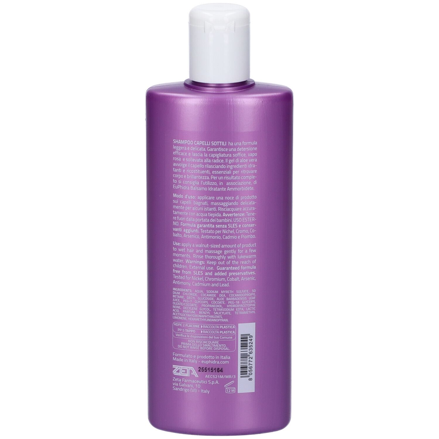Lila Shampooflasche mit weißem Verschluss und Etikett mit Produktinformationen.