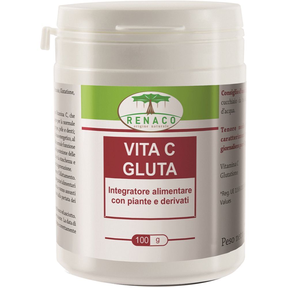 Contenitore bianco con scritta VITA C GLUTA. Marchio RENACO. Integratore alimentare con estratti vegetali. 100 g.