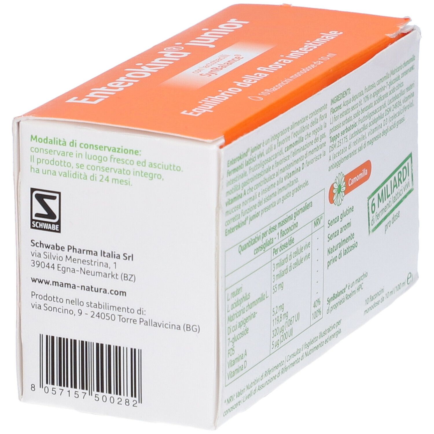 Lato della confezione Mama Natura Enterokind Junior. Informazioni di conservazione e produttore. Scatola arancione.