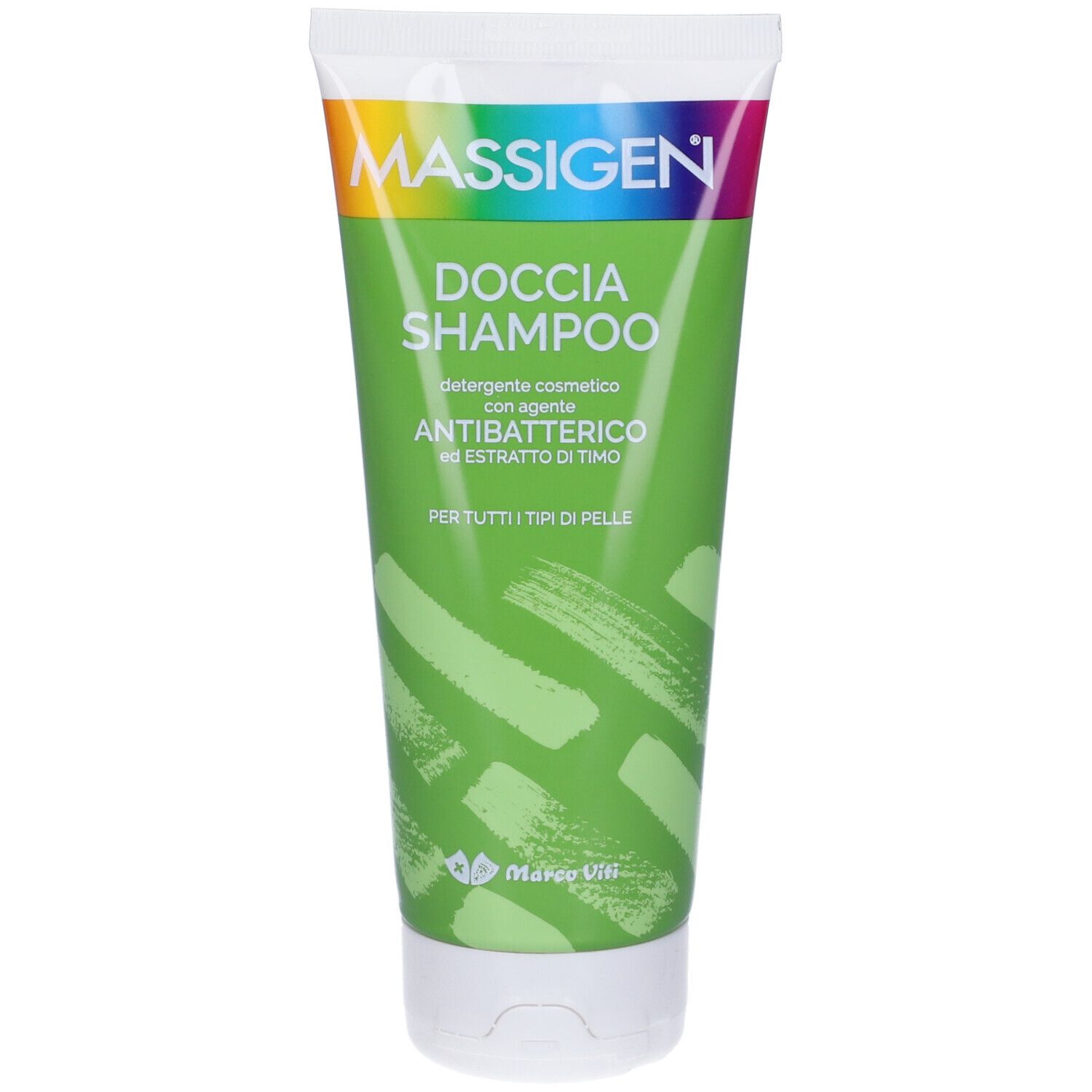 Tubo verde con tappo bianco. Scritta MASSIGEN, DOCCIA SHAMPOO e ANTIBATTERICO. Stampe in verde e bianco.