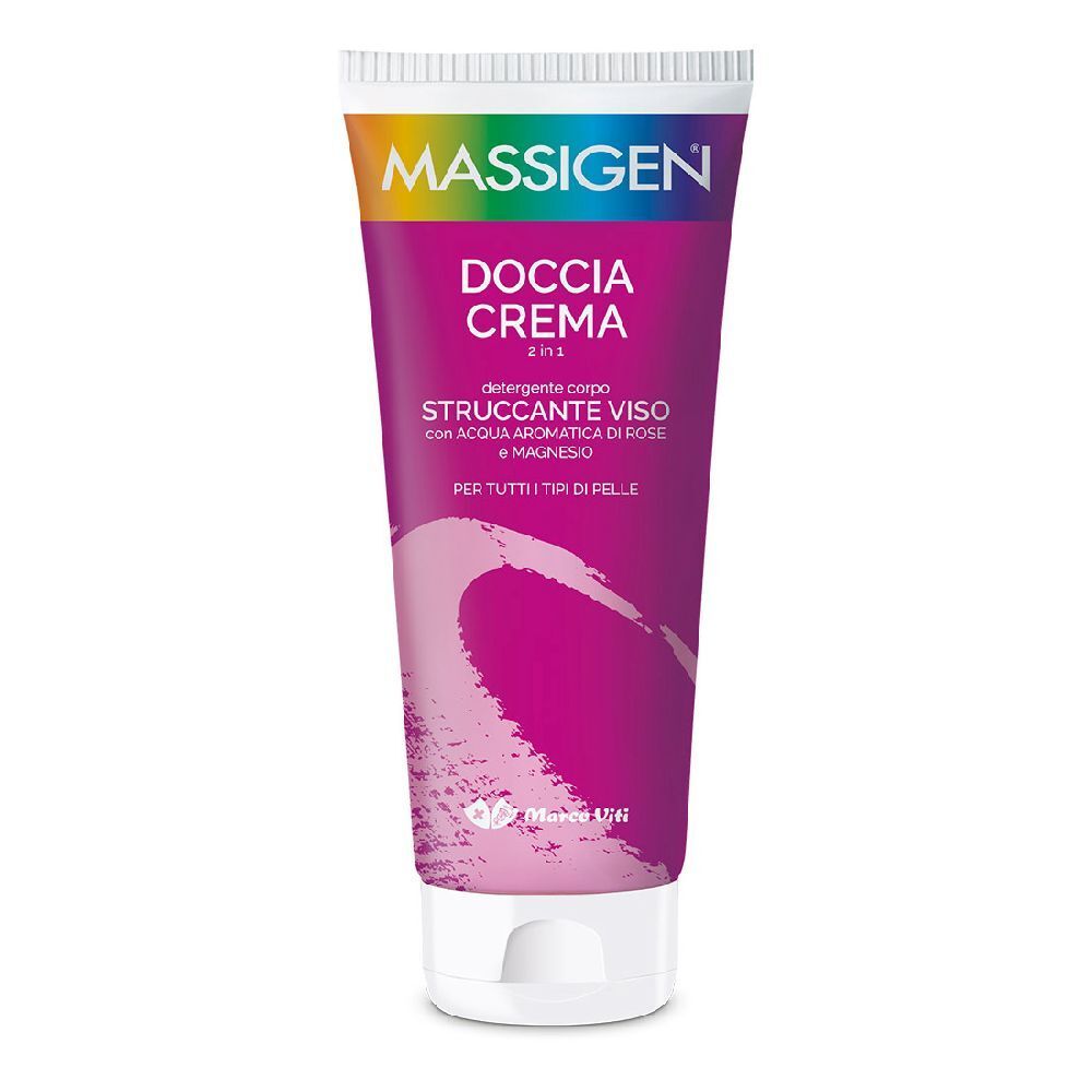 Tubo di Massigen Doccia Crema. Design rosa e bianco con nome e testo del prodotto. Striscia arcobaleno in alto.