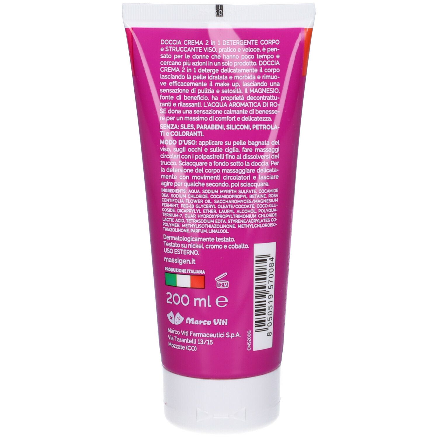 Retro del tubo Massigen Doccia Crema. Design rosa e bianco con testo e logo. Indicazione del volume di 200 ml.
