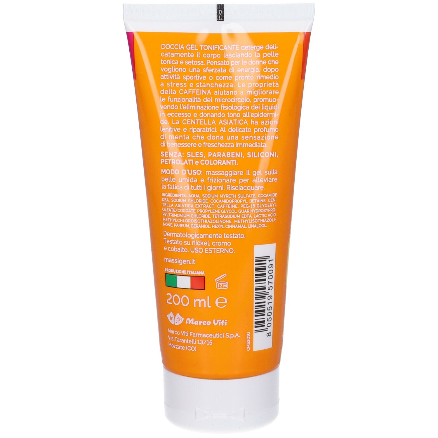 Retro di un tubo arancione. Testo: "Doccia Tonificante", ingredienti, istruzioni per l'uso. 200 ml, marchio Marco Viti.