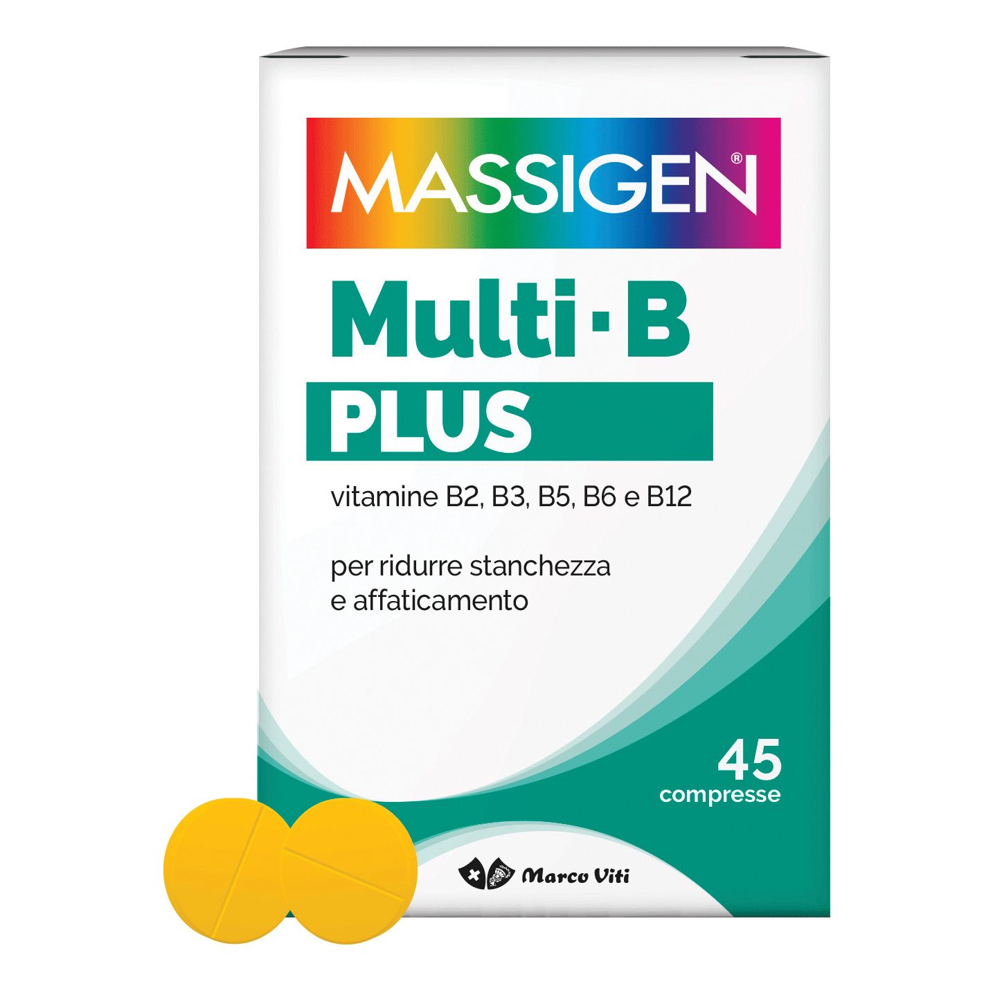 Confezione con compresse. Scritta: MASSIGEN Multi-B PLUS, vitamine B2, B3, B5, B6, B12. 45 compresse.