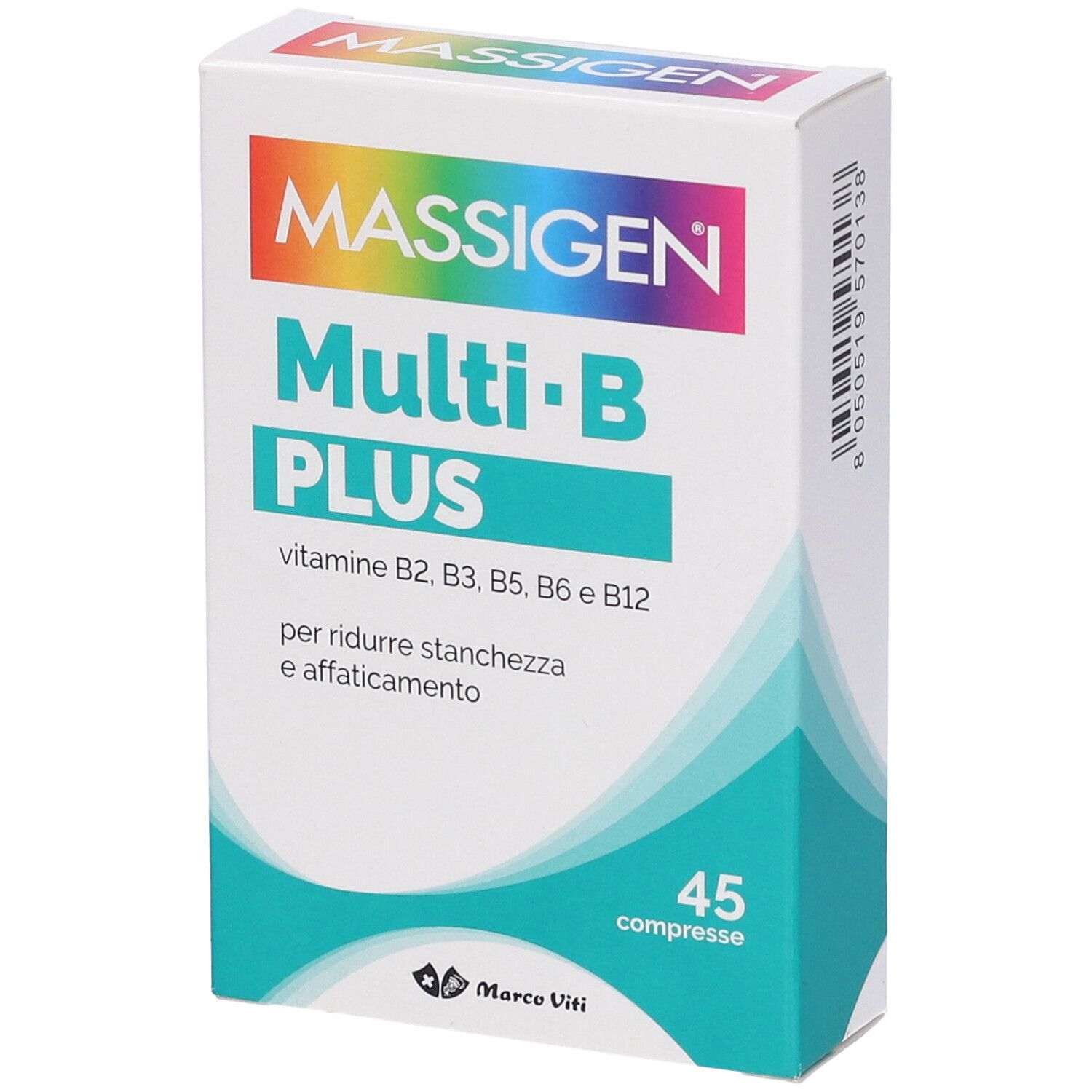 Confezione con compresse. Scritta: MASSIGEN Multi-B PLUS, vitamine B2, B3, B5, B6, B12. 45 compresse.