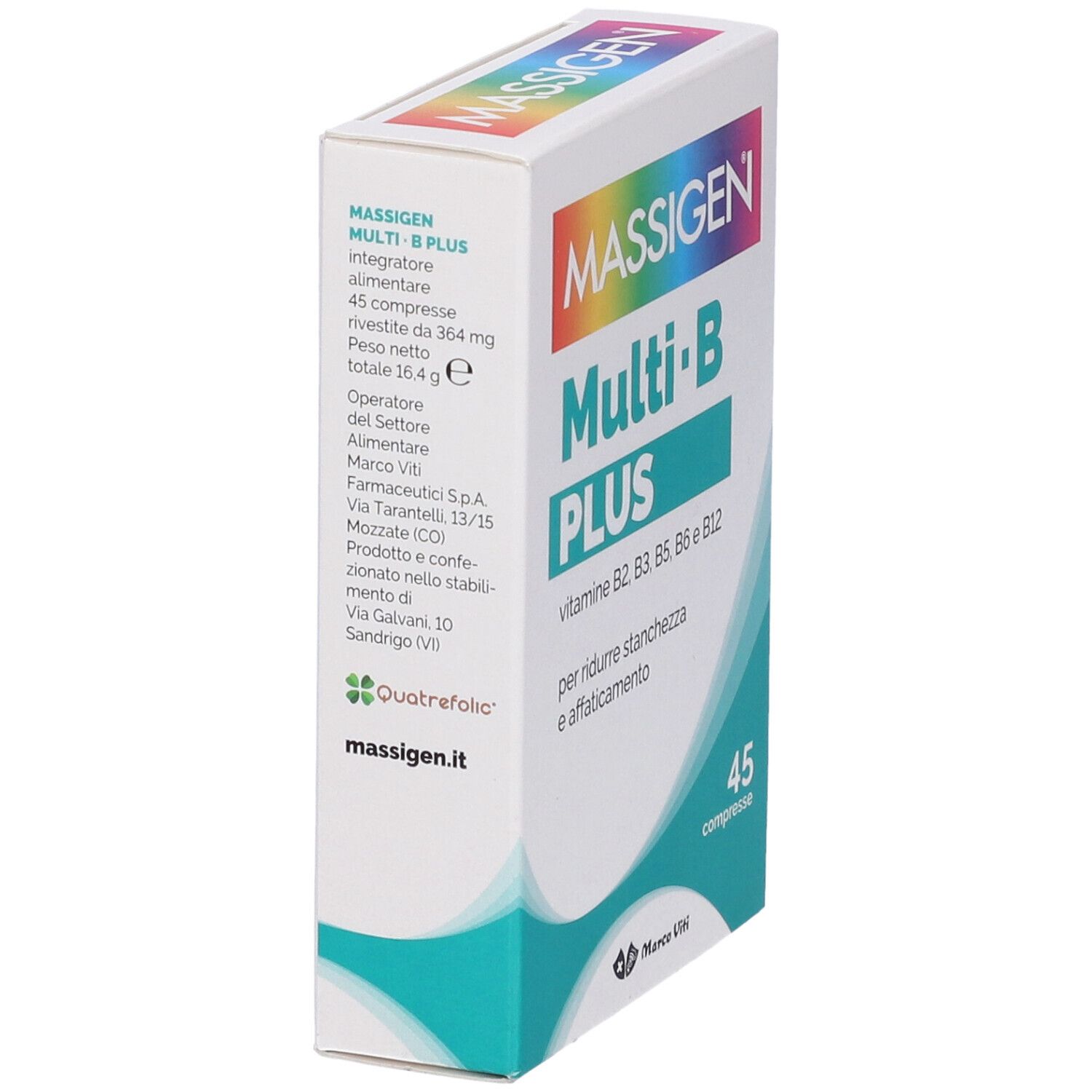 Confezione con compresse. Scritta: MASSIGEN Multi-B PLUS, vitamine B2, B3, B5, B6, B12. 45 compresse.
