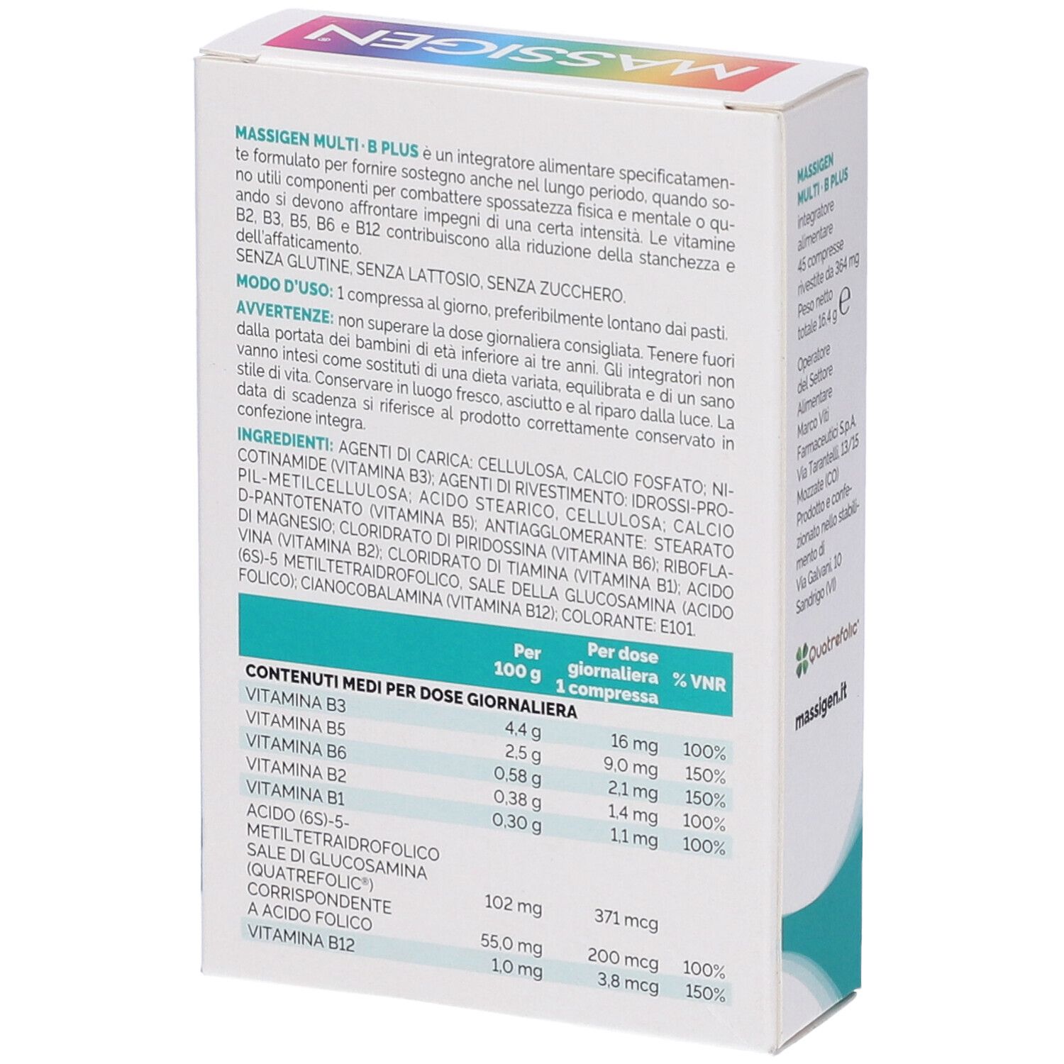 Confezione con compresse. Scritta: MASSIGEN Multi-B PLUS, vitamine B2, B3, B5, B6, B12. 45 compresse.