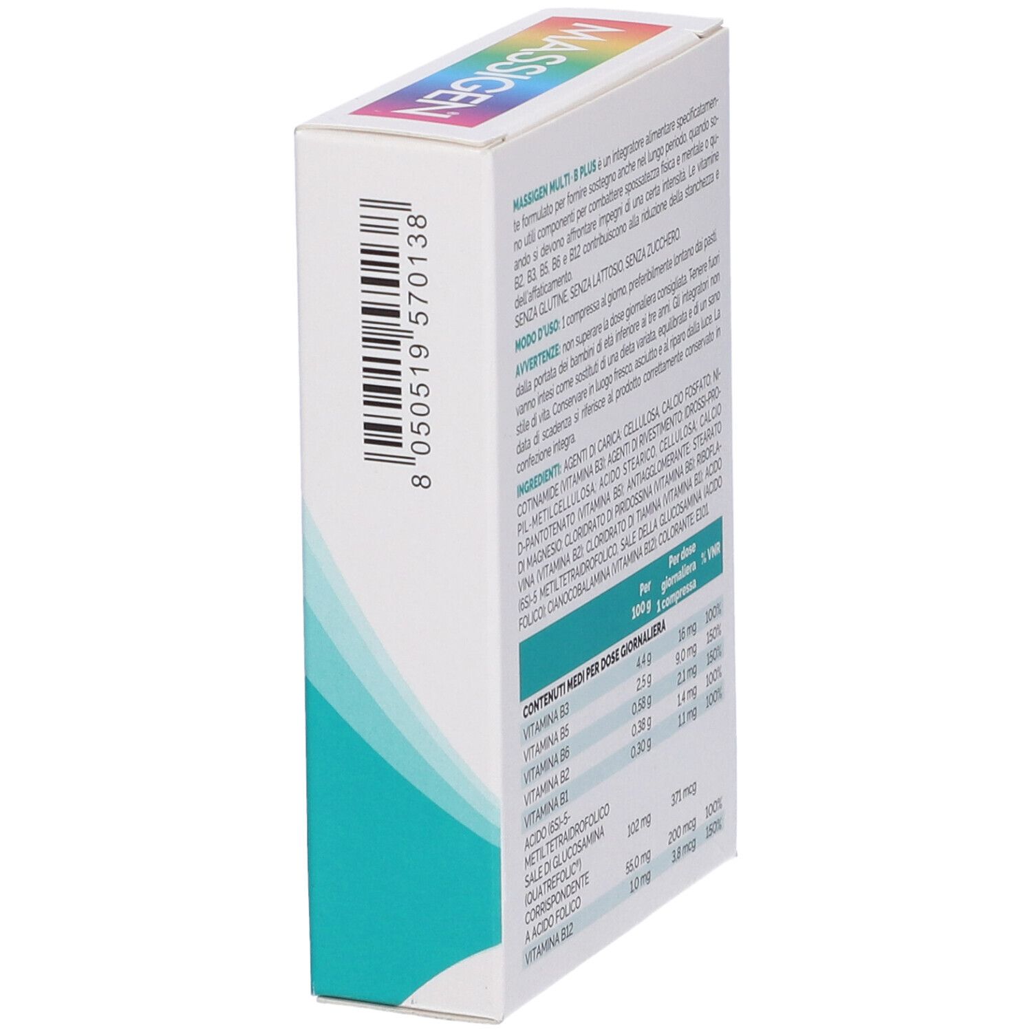 Retro della confezione. Testo: MASSIGEN Multi-B PLUS, ingredienti, informazioni nutrizionali, istruzioni per l'uso.