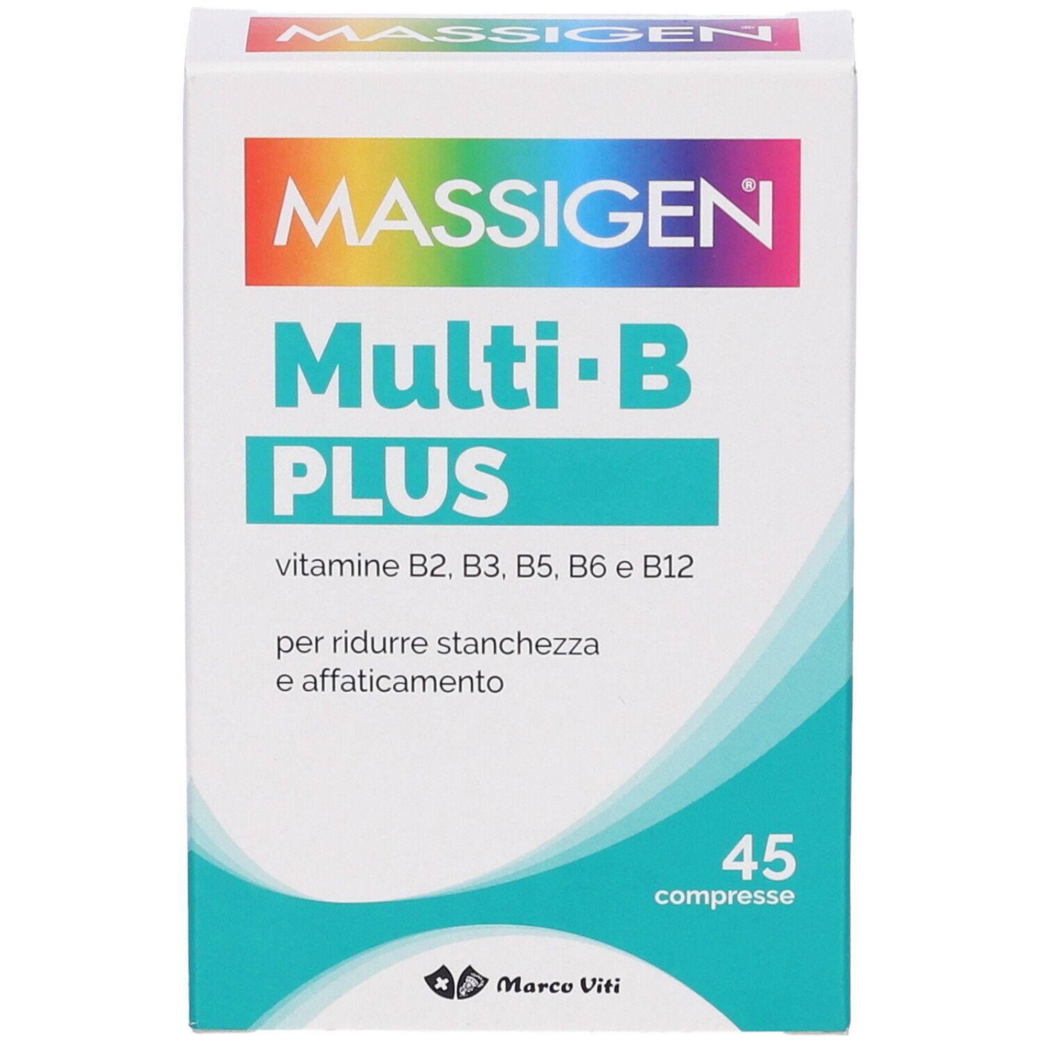 Retro della confezione. Testo: MASSIGEN Multi-B PLUS, ingredienti, informazioni nutrizionali, istruzioni per l'uso.