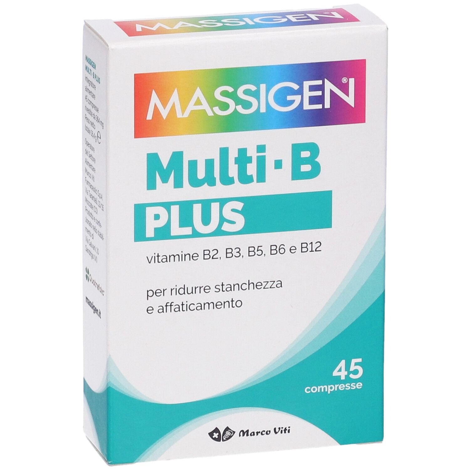 Confezione con compresse. Scritta: MASSIGEN Multi-B PLUS, vitamine B2, B3, B5, B6, B12. 45 compresse.