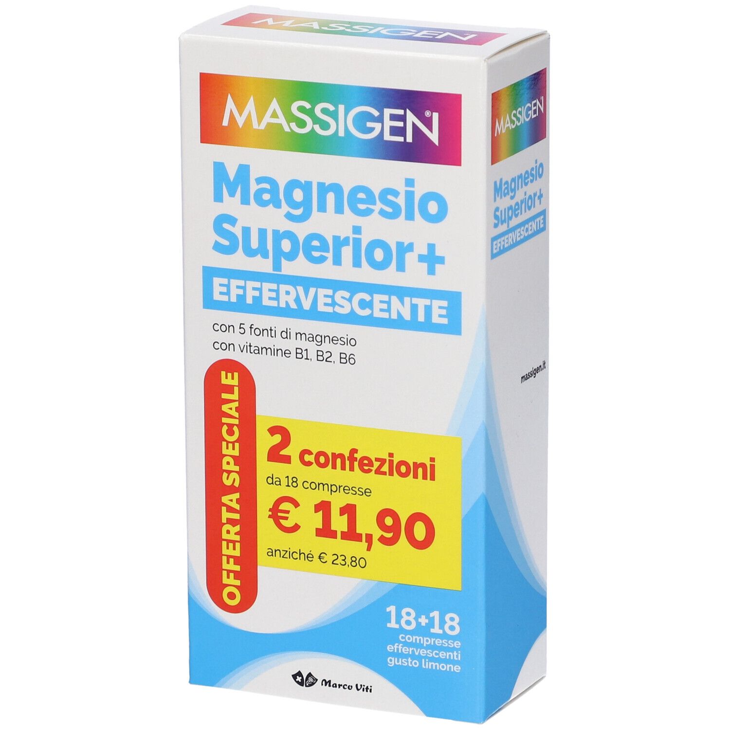 Confezione di Massigen Magnesio Superior+ Effervescente. 2 confezioni da 18 compresse. Prezzo: 11,90 €.