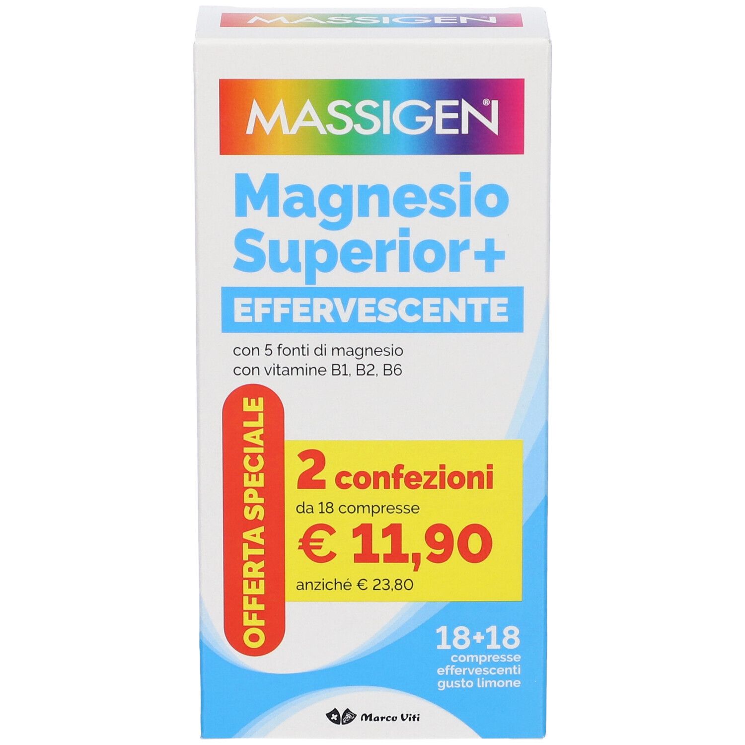 Confezione di Massigen Magnesio Superior+ Effervescente. 2 confezioni da 18 compresse. Prezzo: 11,90 €.