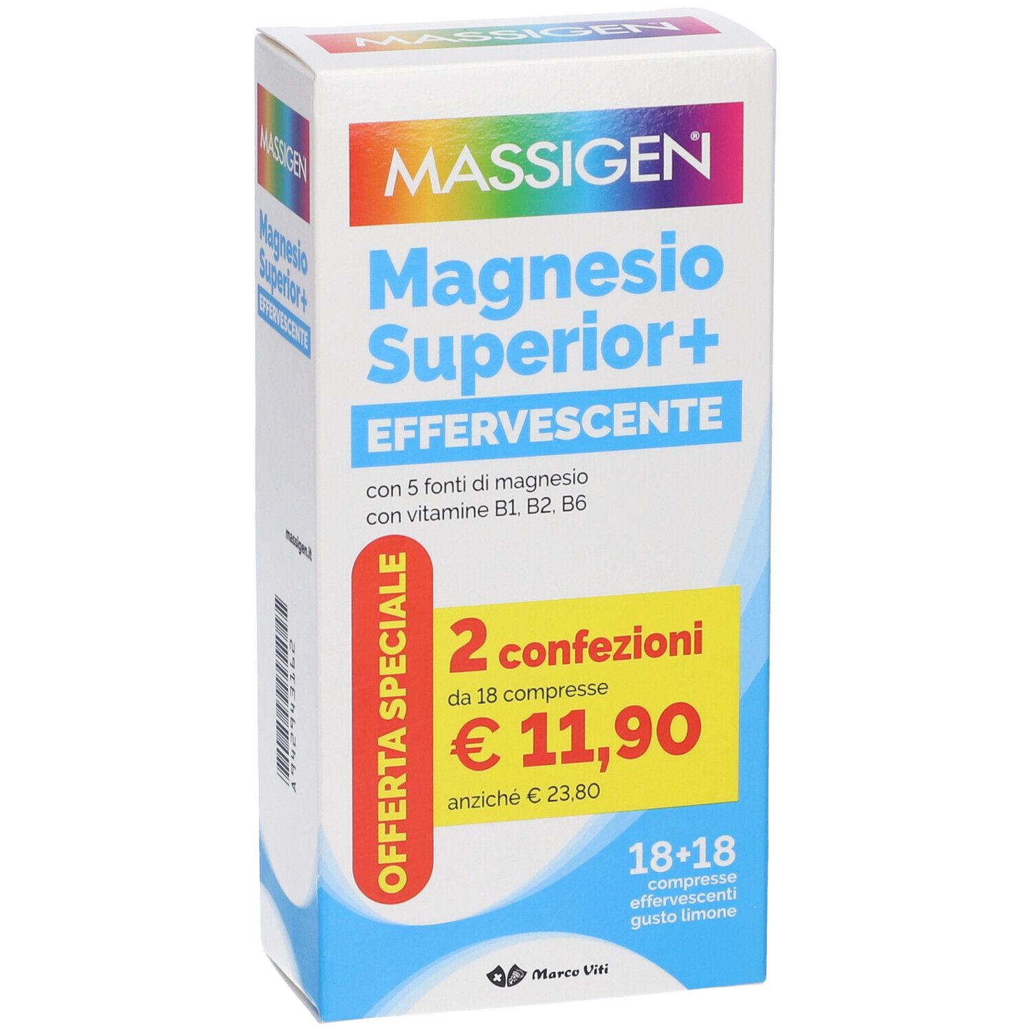 Confezione di Massigen Magnesio Superior+ Effervescente. 2 confezioni da 18 compresse. Prezzo: 11,90 €.