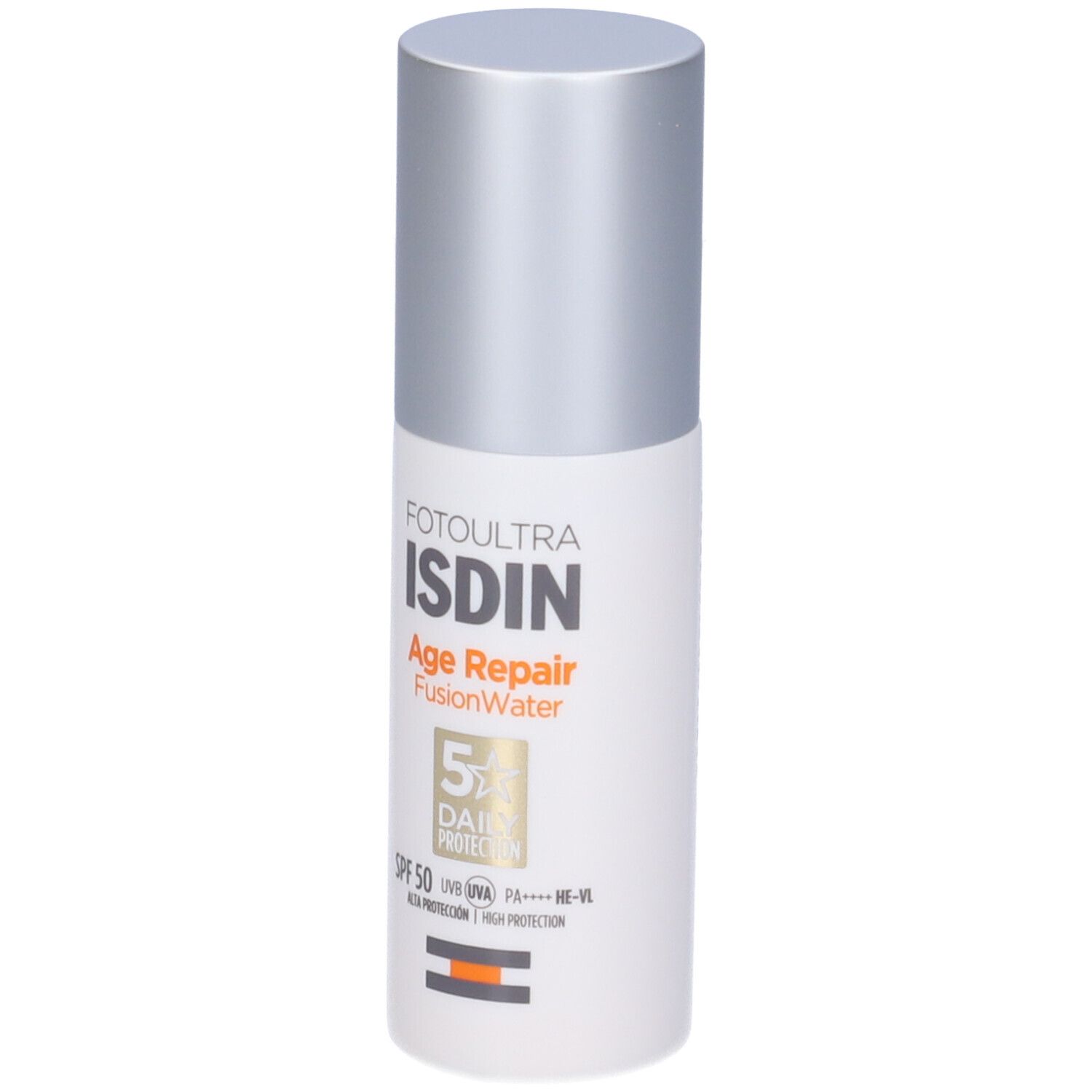 Flacone bianco con tappo argentato. Scritta: ISDIN, Age Repair Fusion Water, SPF 50.