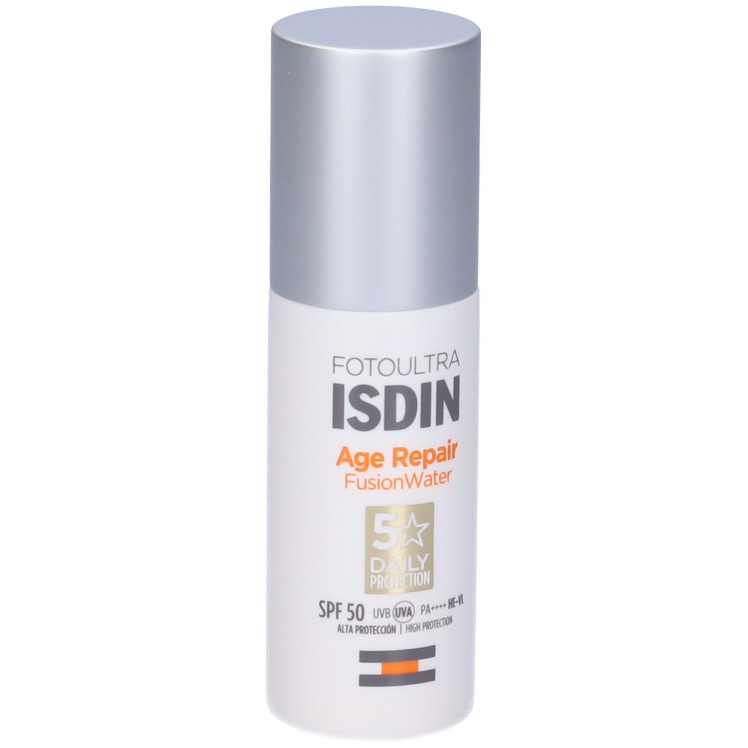 Flacone bianco con tappo argentato. Scritta: ISDIN, Age Repair Fusion Water, SPF 50.