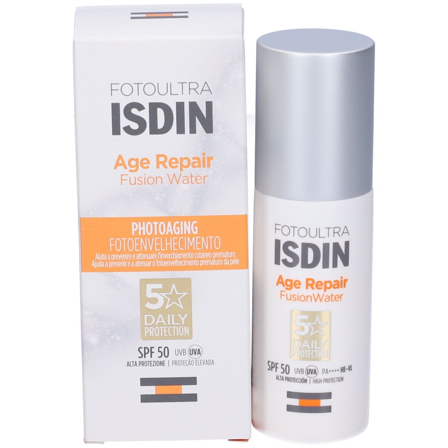 Confezione e flacone. Scritta: ISDIN, Age Repair Fusion Water, SPF 50.