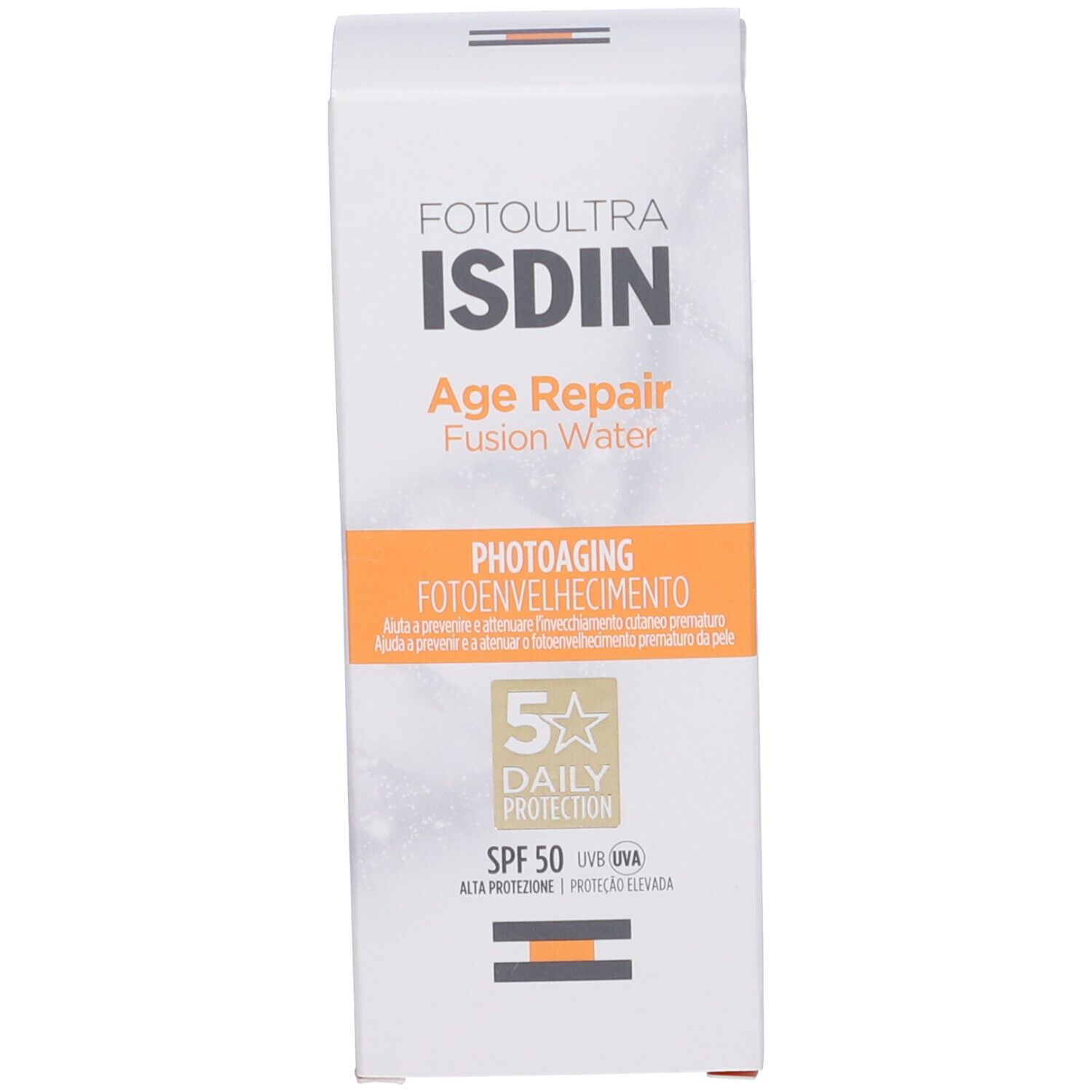 Confezione del prodotto. Scritta: ISDIN, Age Repair Fusion Water, SPF 50.