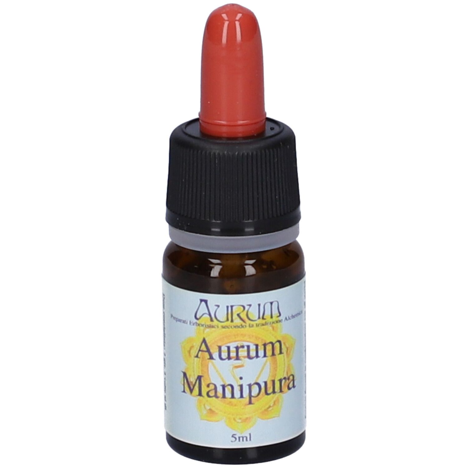 Flacone di vetro marrone con tappo nero e contagocce rosso. Etichetta con mandala giallo e testo: Aurum Manipura 5ml.