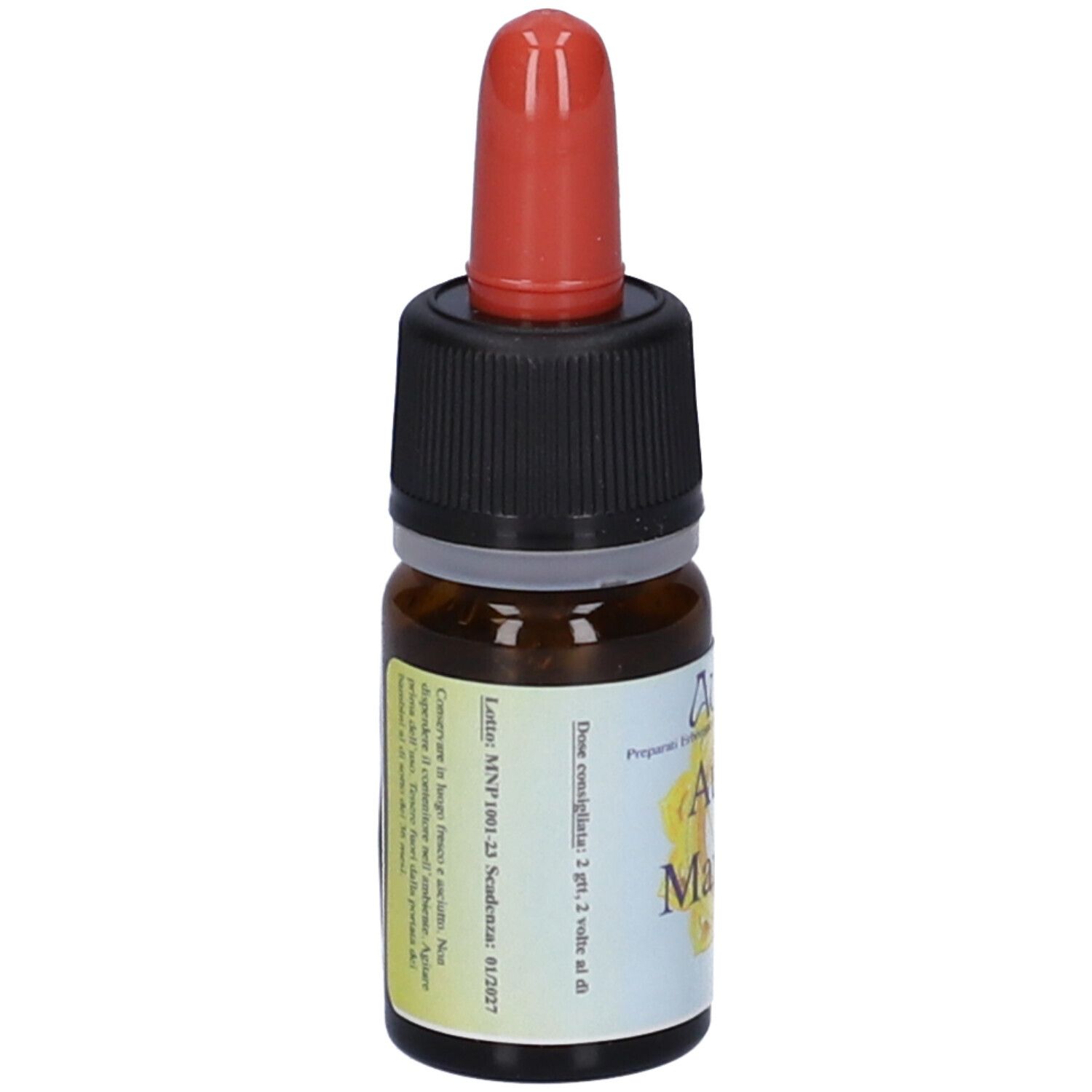 Flacone di vetro marrone con tappo nero e contagocce rosso. Etichetta con testo e mandala giallo. Raccomandazioni di dosaggio.