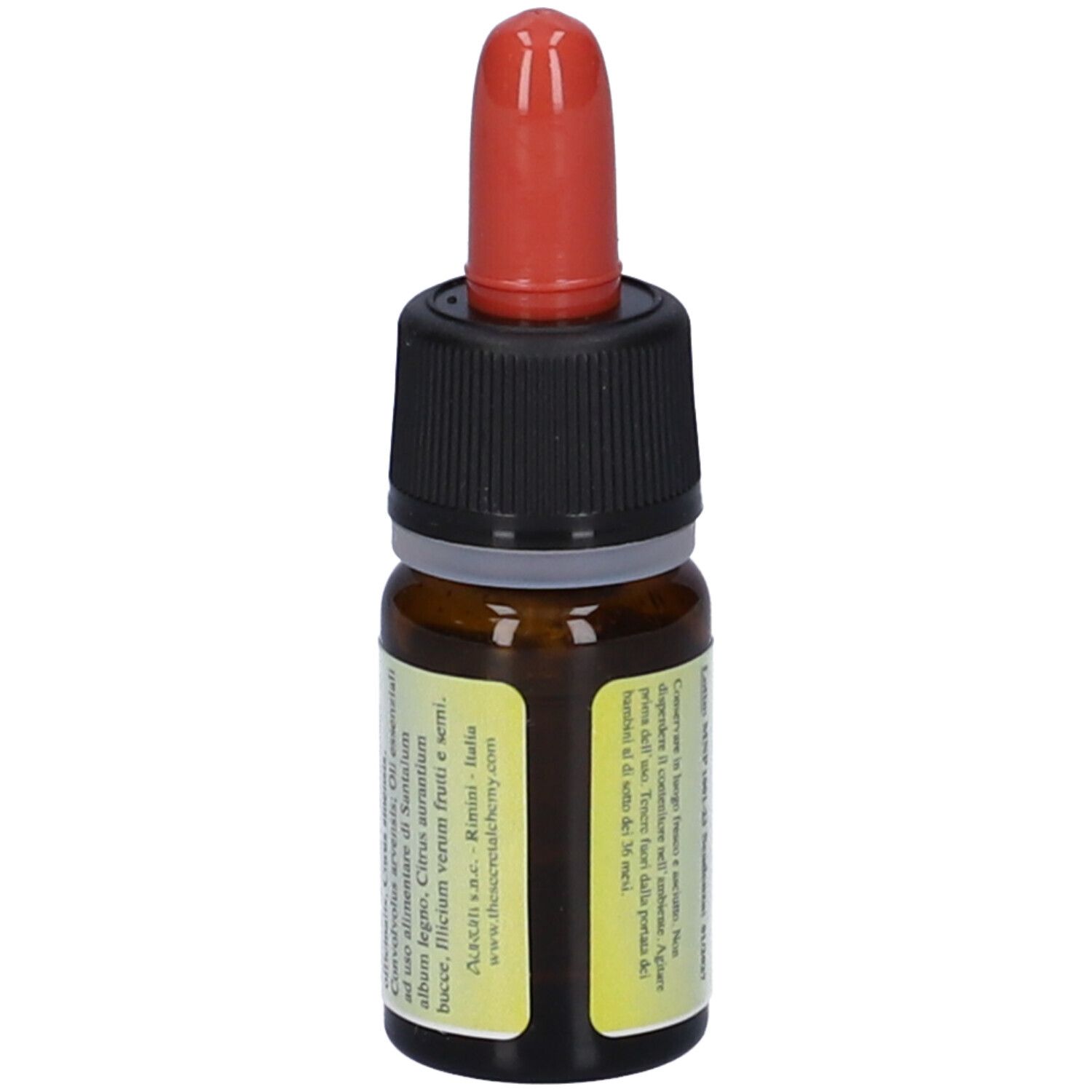 Flacone di vetro marrone con tappo nero e contagocce rosso. Etichetta con ingredienti e testo. Indirizzo del sito web.