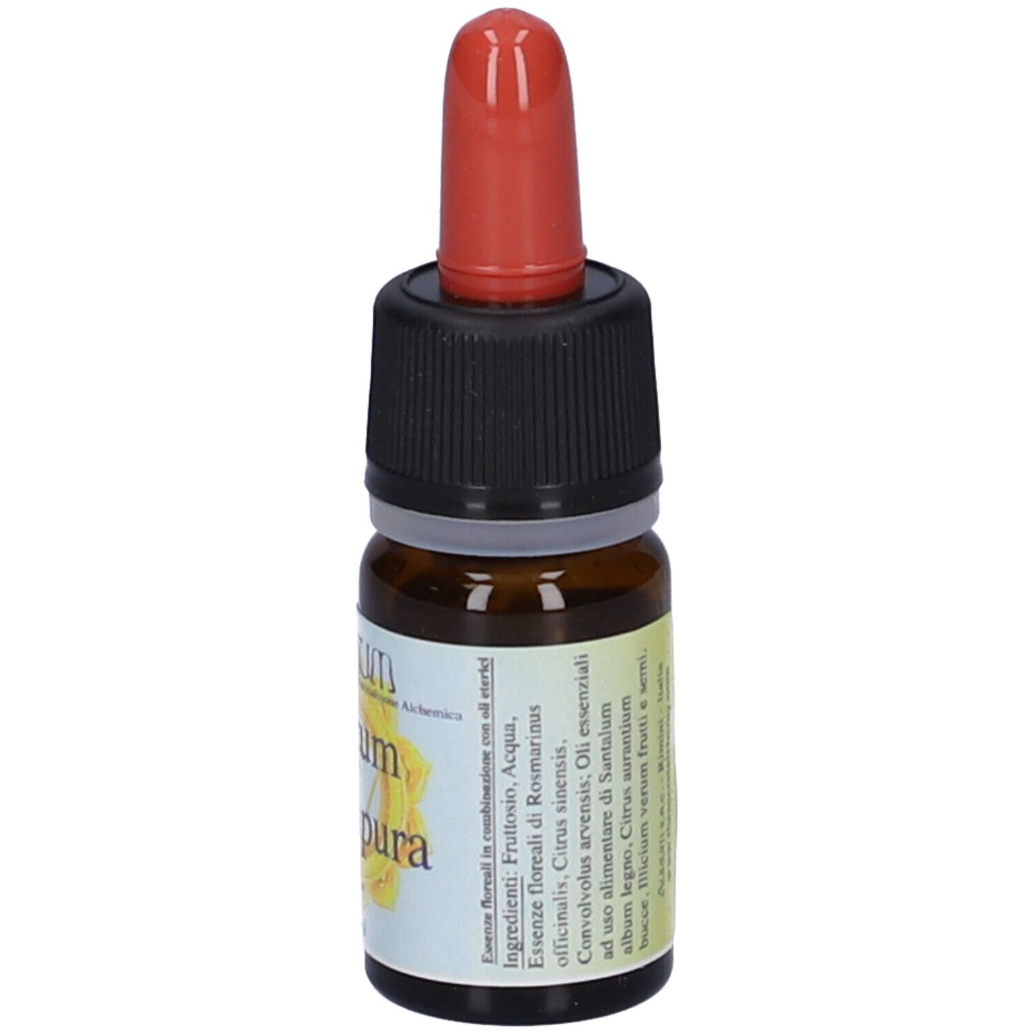 Flacone di vetro marrone con tappo nero e contagocce rosso. Etichetta con ingredienti e testo. Informazioni del produttore.