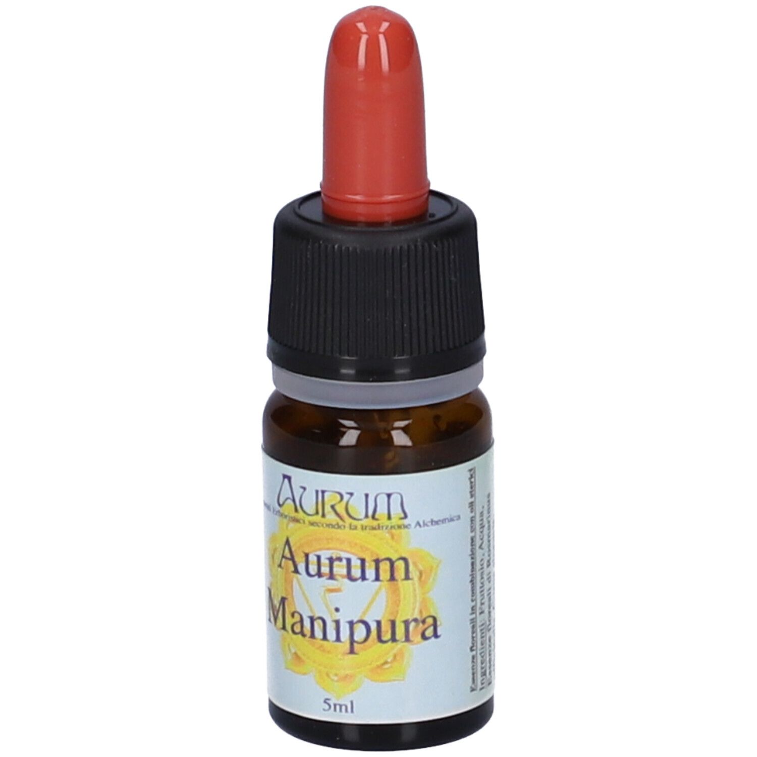 Flacone di vetro marrone con tappo nero e contagocce rosso. Etichetta con mandala giallo e testo: Aurum Manipura 5ml.