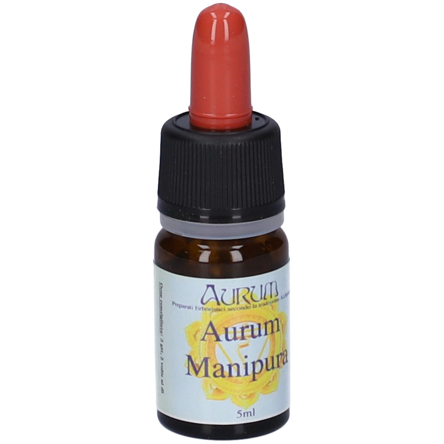 Flacone di vetro marrone con tappo nero e contagocce rosso. Etichetta con mandala giallo e testo: Aurum Manipura 5ml.