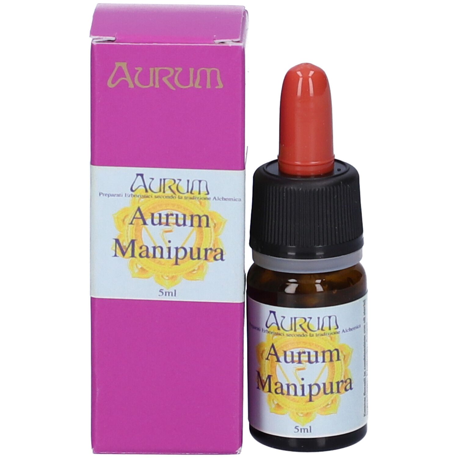 Flacone e confezione. Flacone con contagocce rosso. Confezione rosa con testo: Aurum Manipura 5ml.